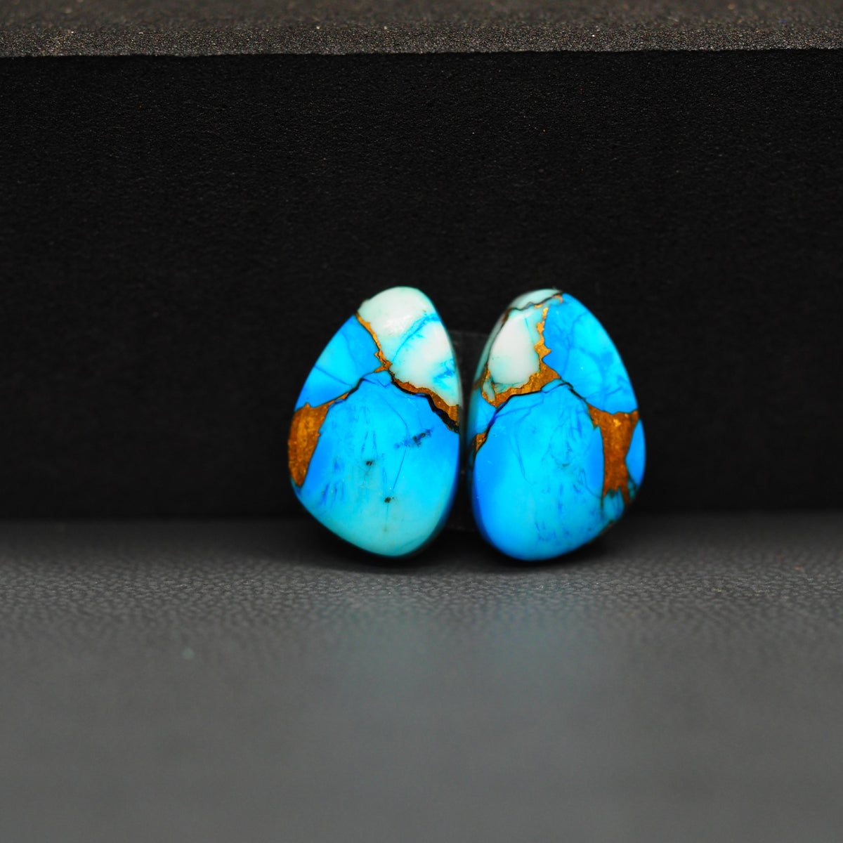 Kingman Ice Blue Dahlia Composite Freeform Cabochon Pair 16x10x3mm 10.5ct - icy blue and white stone with copper veining - Pedra Gems