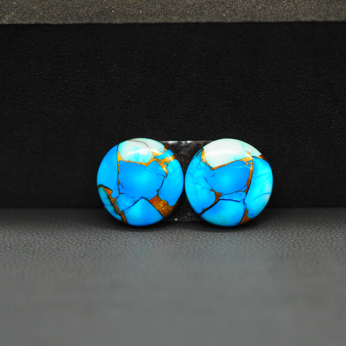 Kingman Ice Blue Dahlia Composite Round Cabochon Pair 12x12x3mm 8.5ct - icy blue and white stone with copper veining - Pedra Gems