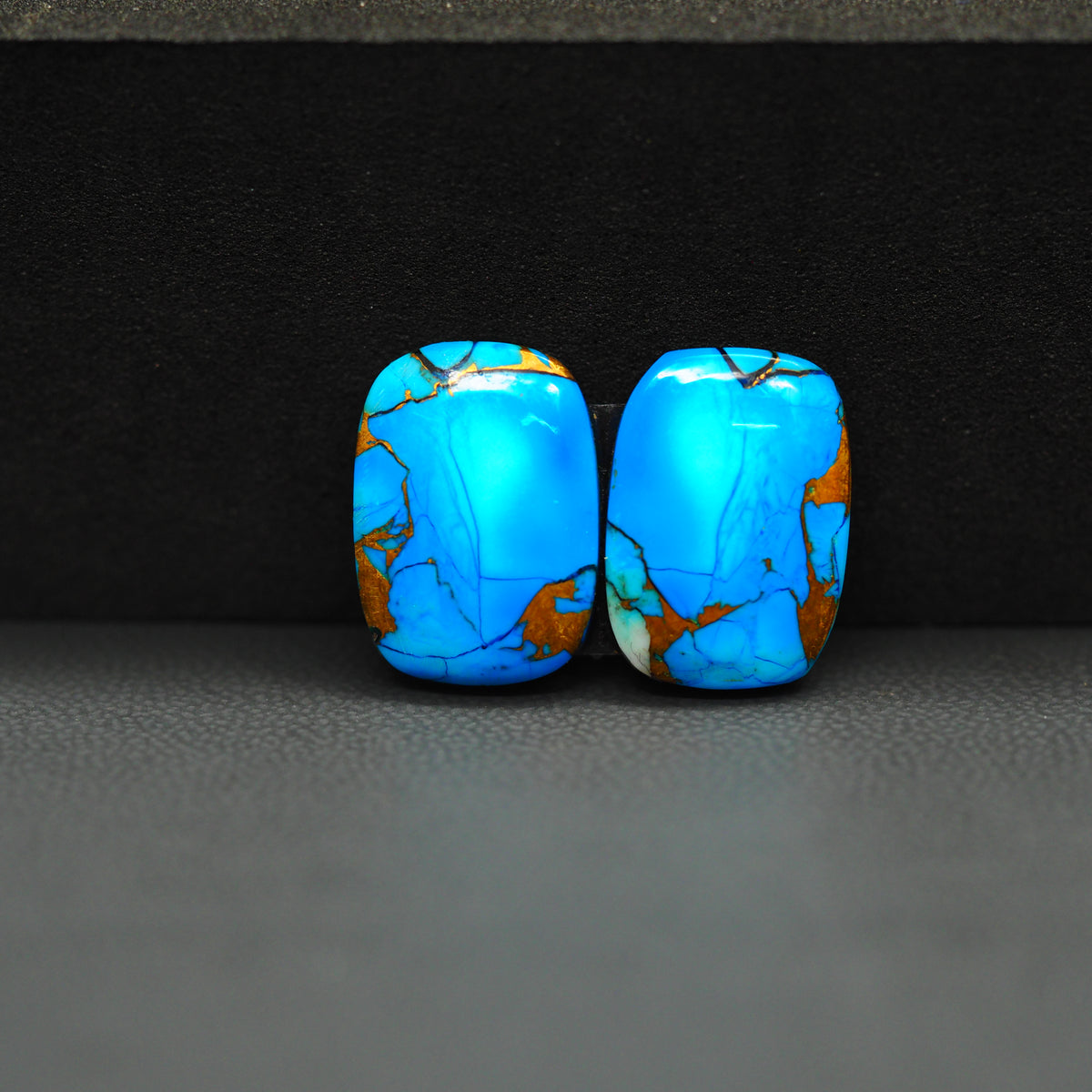 Kingman Ice Blue Dahlia Composite Cushion Cabochon Pair 16x11x4mm 12.5ct - icy blue and white stone with copper veining - Pedra Gems