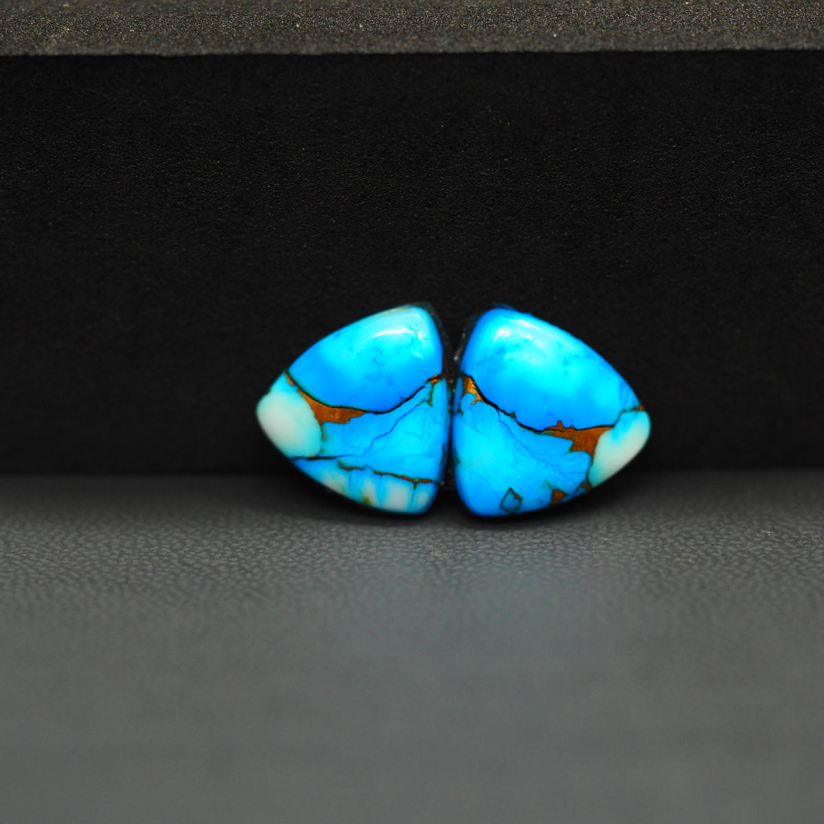 Kingman Ice Blue Dahlia Composite Trillion Cabochon Pair 13x13x3mm 8.5ct - icy blue and white stone with copper veining - Pedra Gems