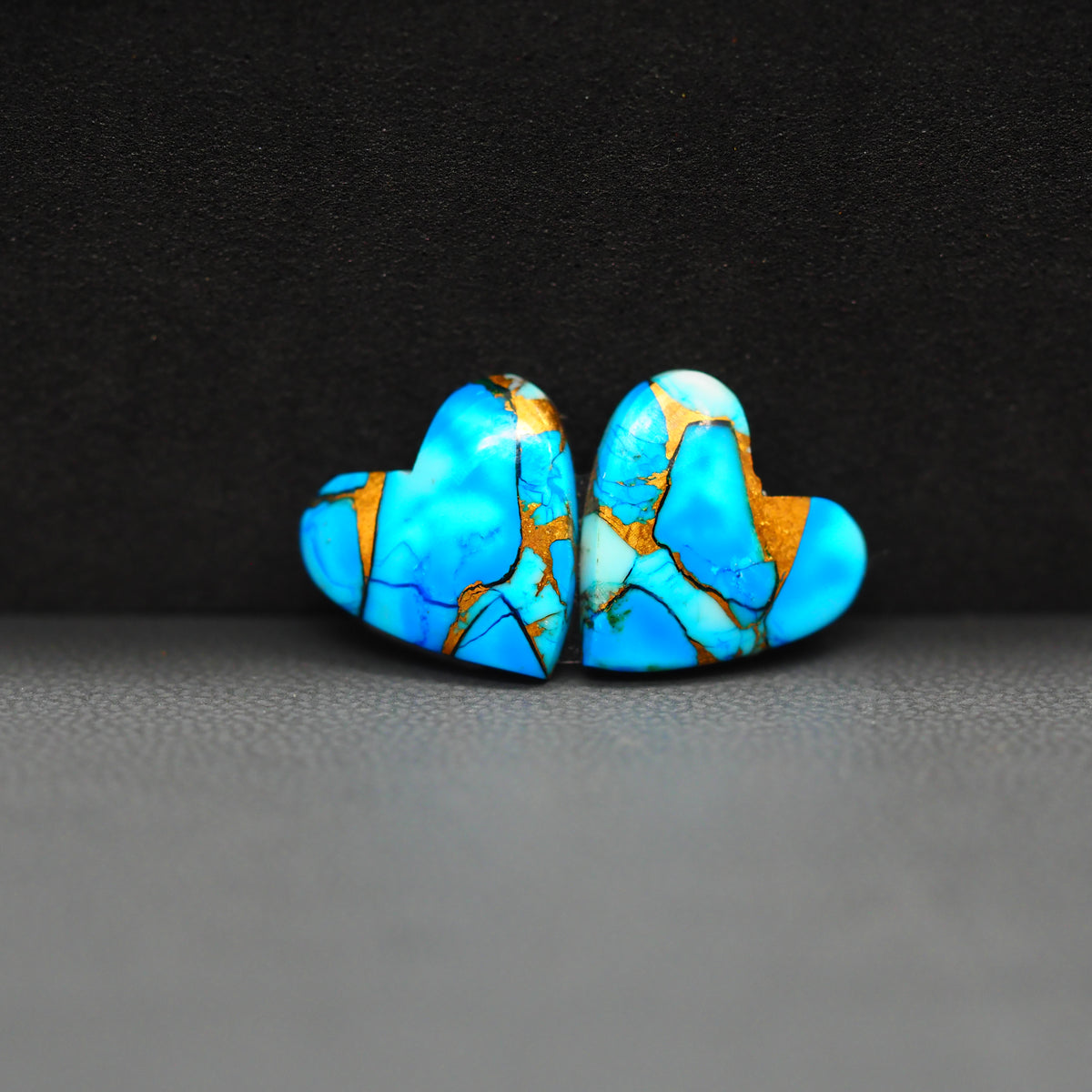 Kingman Ice Blue Dahlia Composite Heart Cabochon Pair 12x12x3mm 8ct - icy blue and white stone with copper veining - Pedra Gems