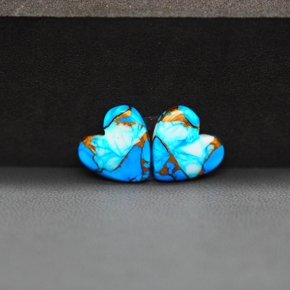 Kingman Ice Blue Dahlia Composite Heart Cabochon Pair 13x13x3mm 9.5ct - icy blue and white stone with copper veining - Pedra Gems
