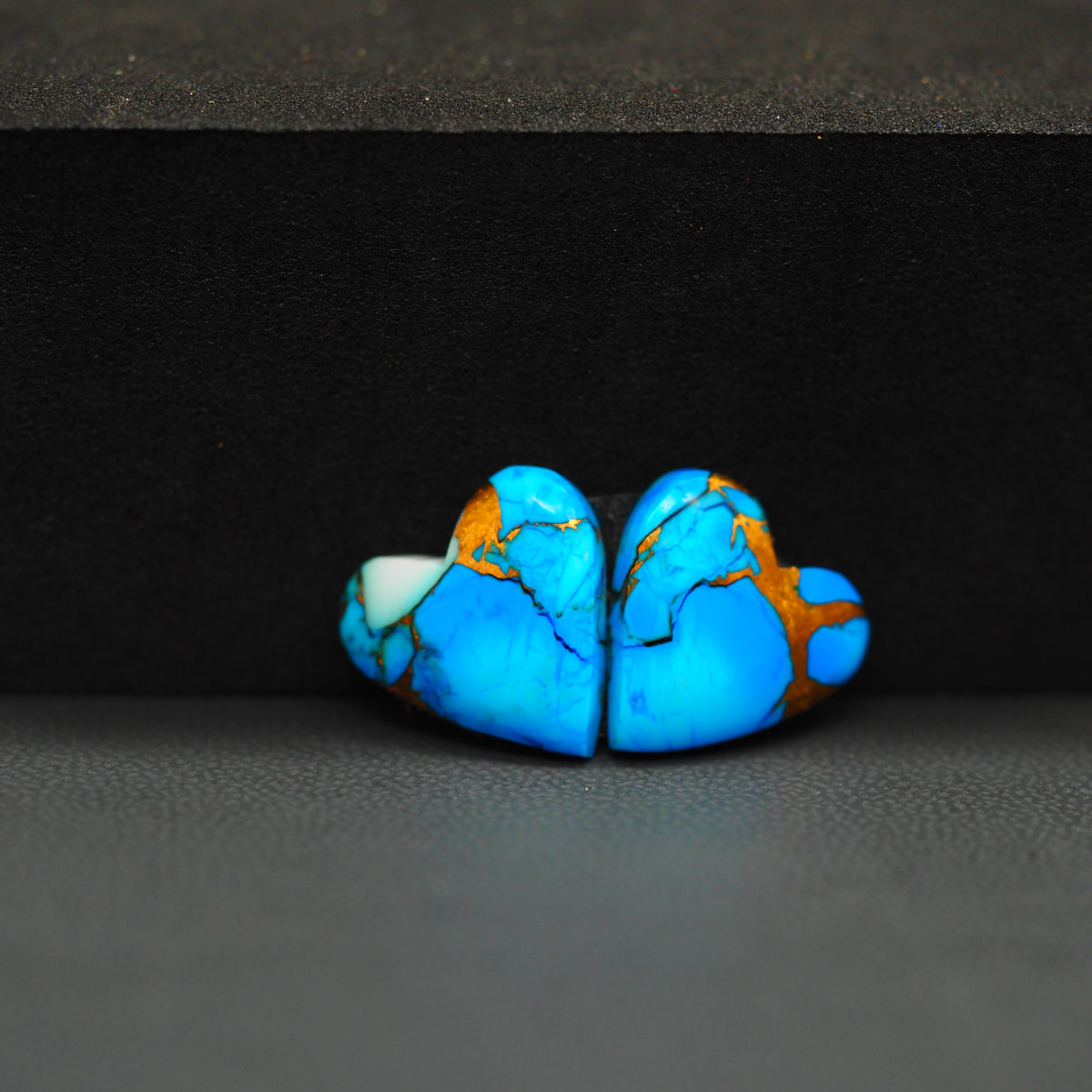 Kingman Ice Blue Dahlia Composite Heart Cabochon Pair 14x13x3mm 10ct - icy blue and white stone with copper veining - Pedra Gems