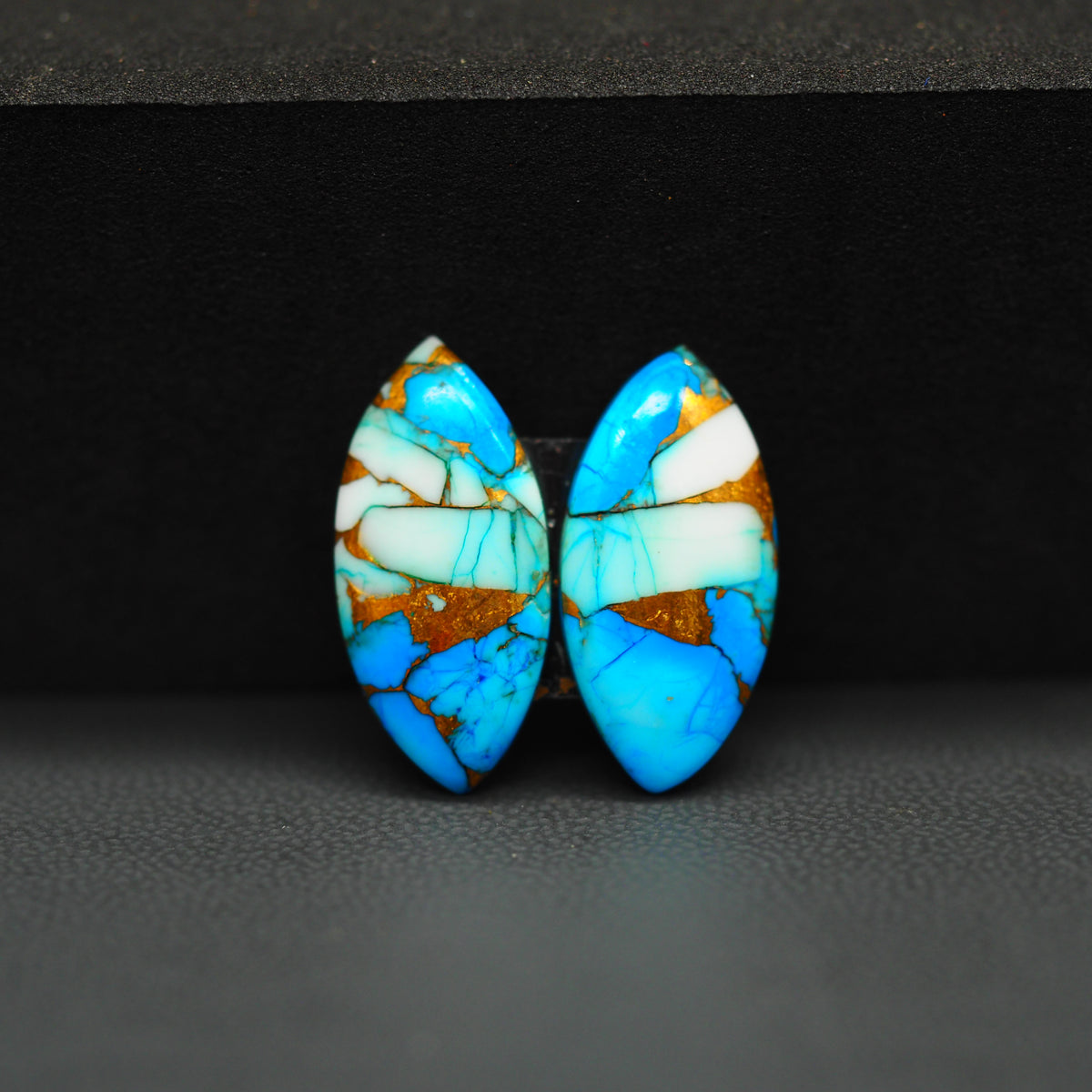 Kingman Ice Blue Dahlia Composite Marquise Cabochon Pair 20x10x3mm 9.5ct - icy blue and white stone with copper veining - Pedra Gems