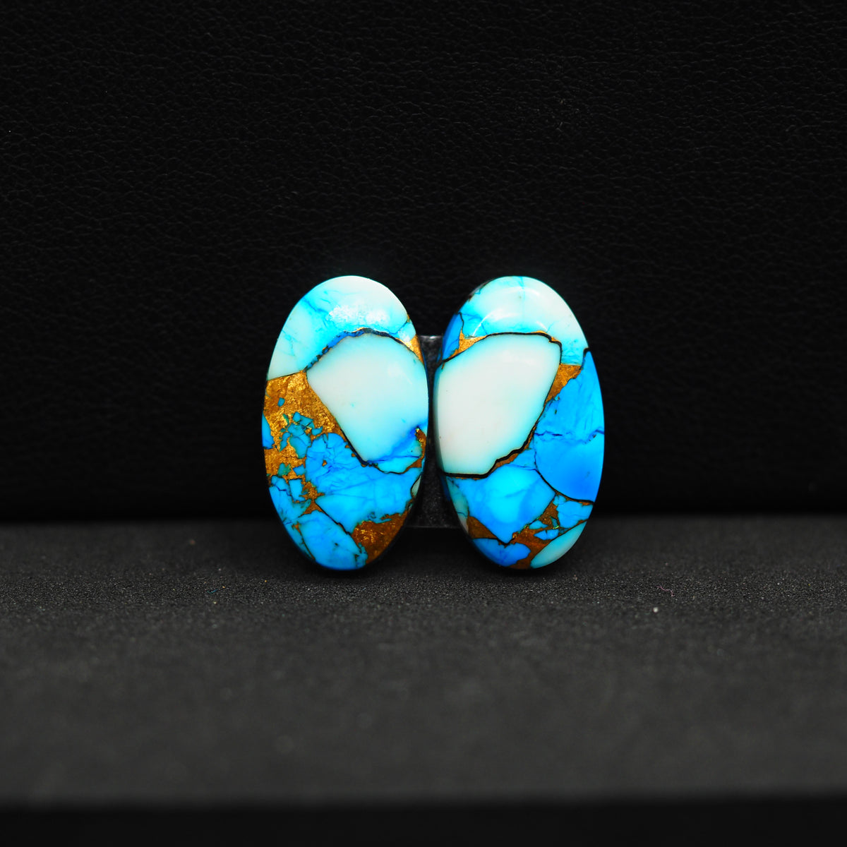 Kingman Ice Blue Dahlia Composite Oval Cabochon Pair 19x11x3mm 13.5ct - icy blue and white stone with copper veining - Pedra Gems