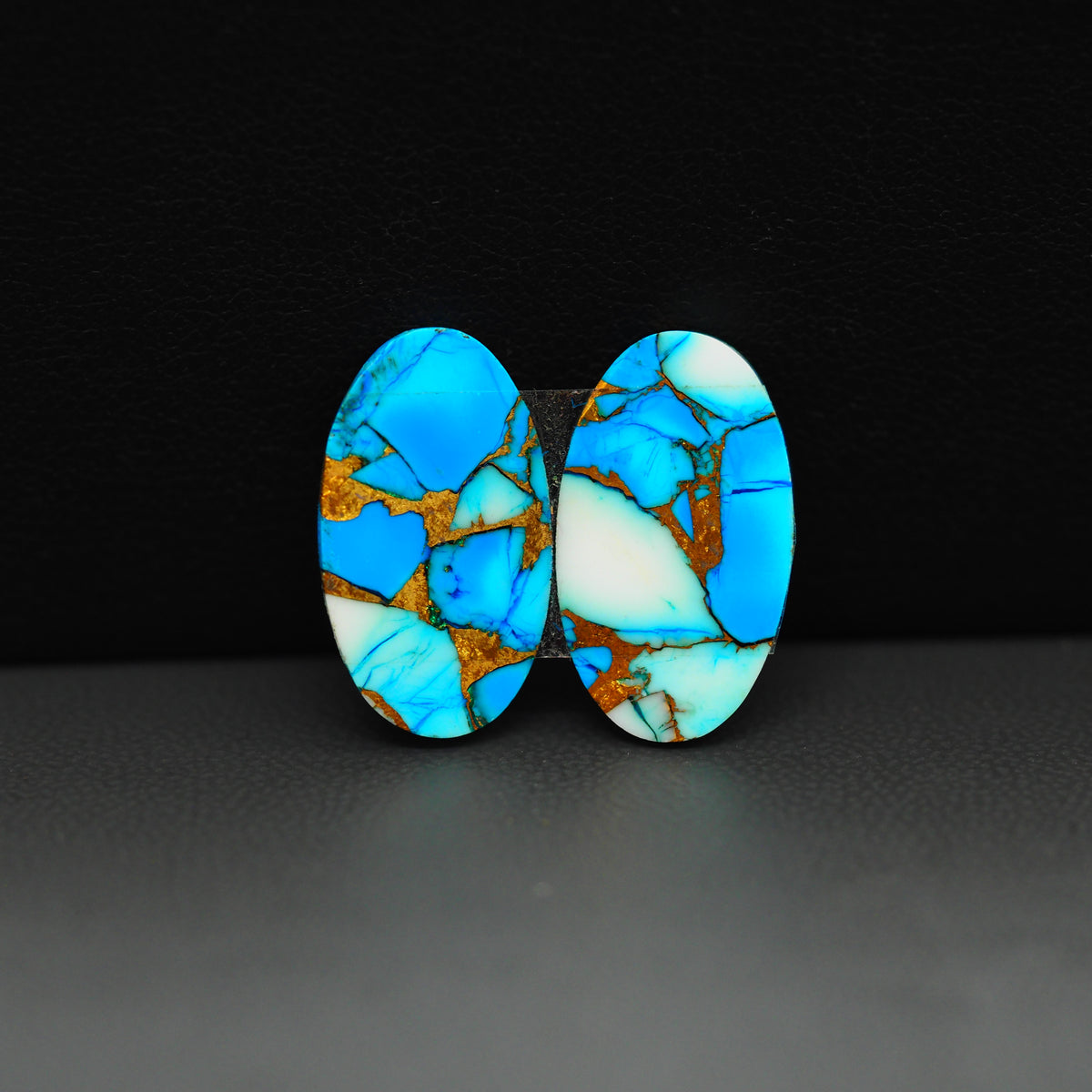 Kingman Ice Blue Dahlia Composite Oval Cabochon Pair 19x11x3mm 13.5ct - icy blue and white stone with copper veining - Pedra Gems
