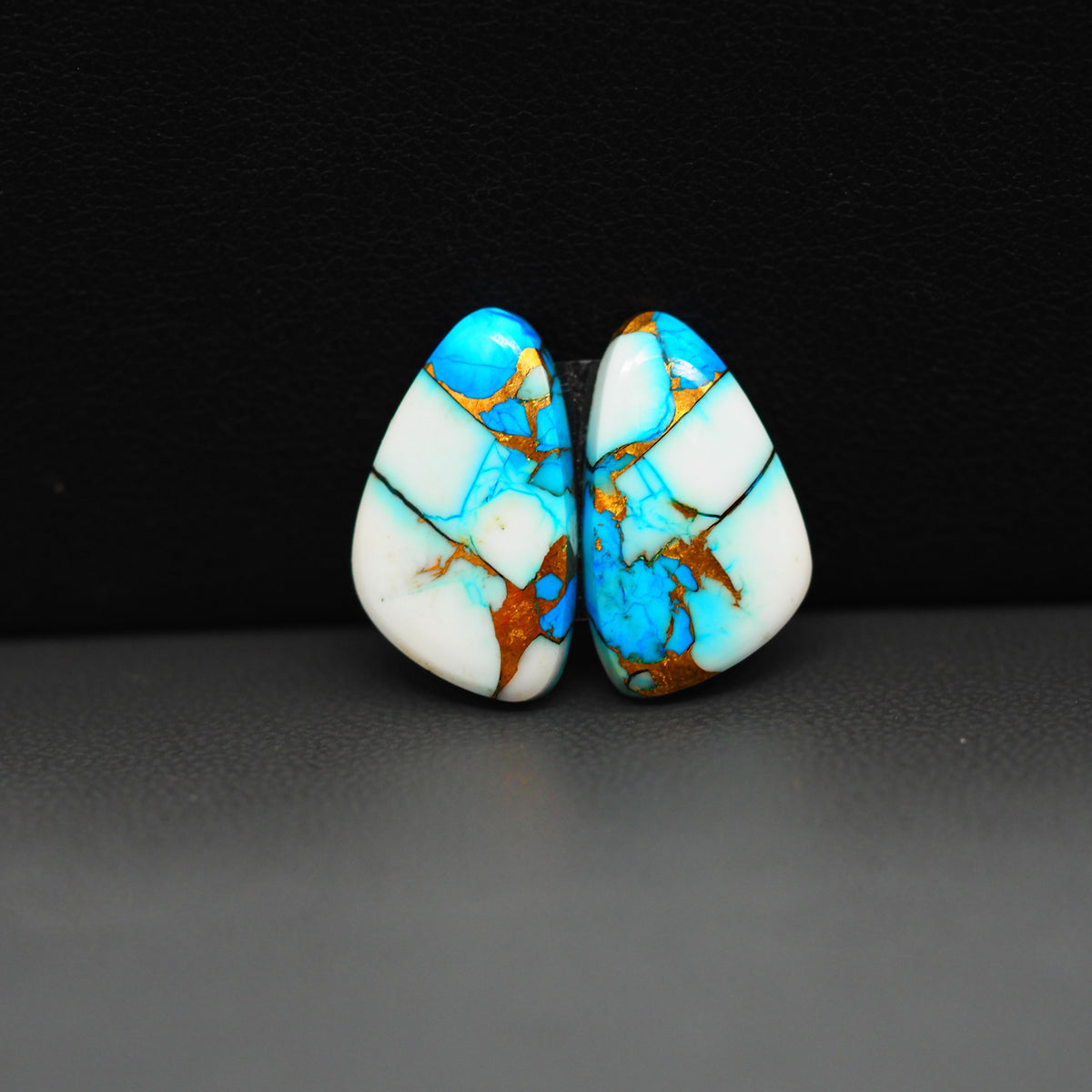 Kingman Ice Blue Dahlia Composite Freeform Cabochon Pair 18x11x3mm 12ct - icy blue and white stone with copper veining - Pedra Gems