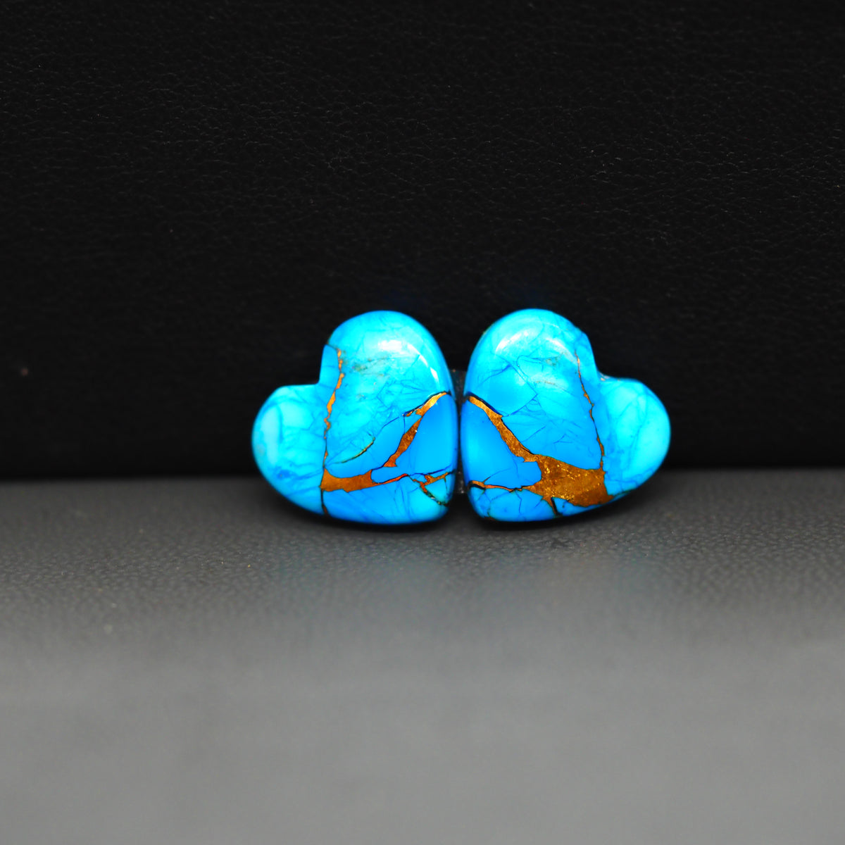 Kingman Ice Blue Dahlia Composite Heart Cabochon Pair 14x14x3mm 10.5ct - icy blue and white stone with copper veining - Pedra Gems