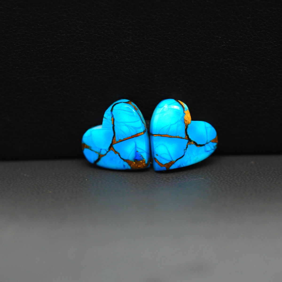 Kingman Ice Blue Dahlia Composite Heart Cabochon Pair 13x13x3mm 10ct - icy blue and white stone with copper veining - Pedra Gems
