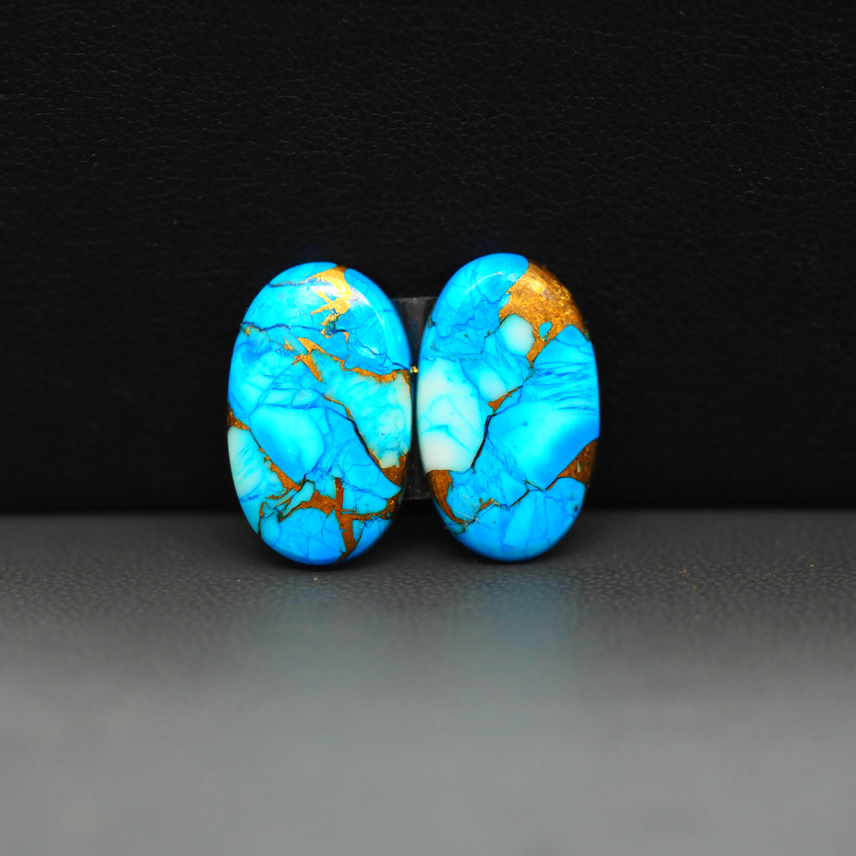 Kingman Ice Blue Dahlia Composite Oval Cabochon Pair 18x11x3mm 13.5ct - icy blue and white stone with copper veining - Pedra Gems