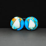 Kingman Ice Blue Dahlia Composite Round Cabochon Pair 16x16x3mm 16ct - icy blue and white stone with copper veining - Pedra Gems