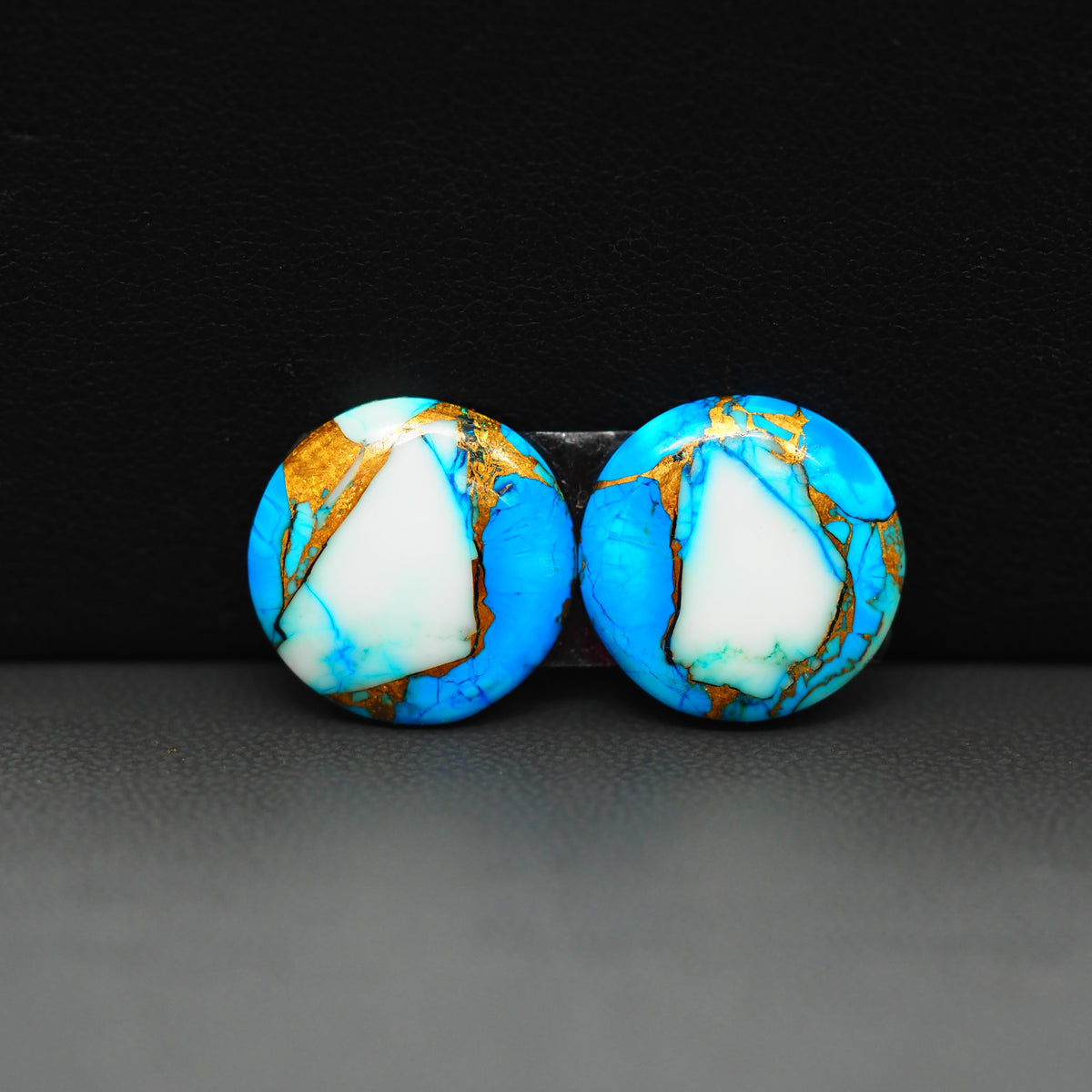 Kingman Ice Blue Dahlia Composite Round Cabochon Pair 16x16x3mm 16ct - icy blue and white stone with copper veining - Pedra Gems