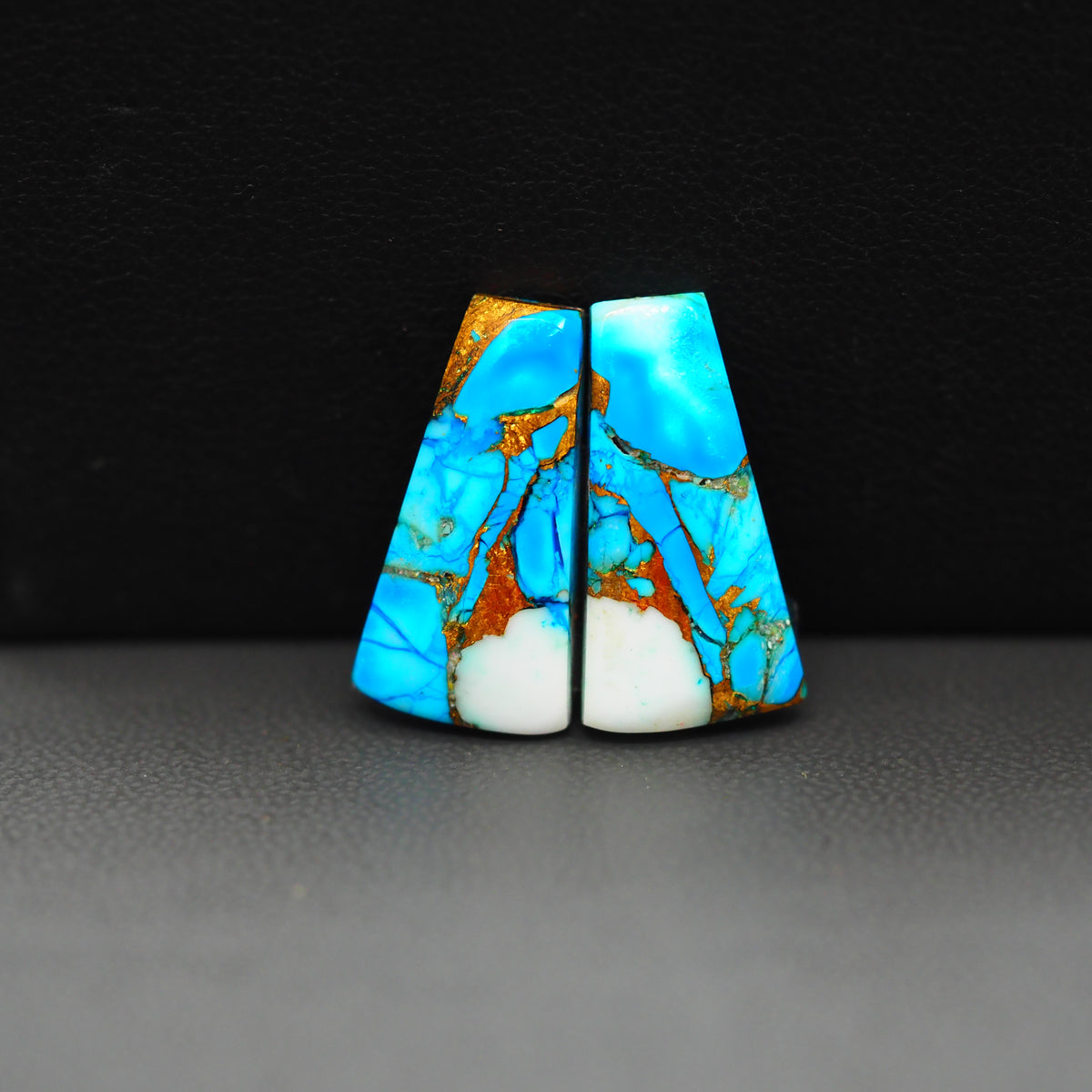Kingman Ice Blue Dahlia Composite Trapezoid Cabochon Pair 21x10x3mm 12ct - icy blue and white stone with copper veining - Pedra Gems