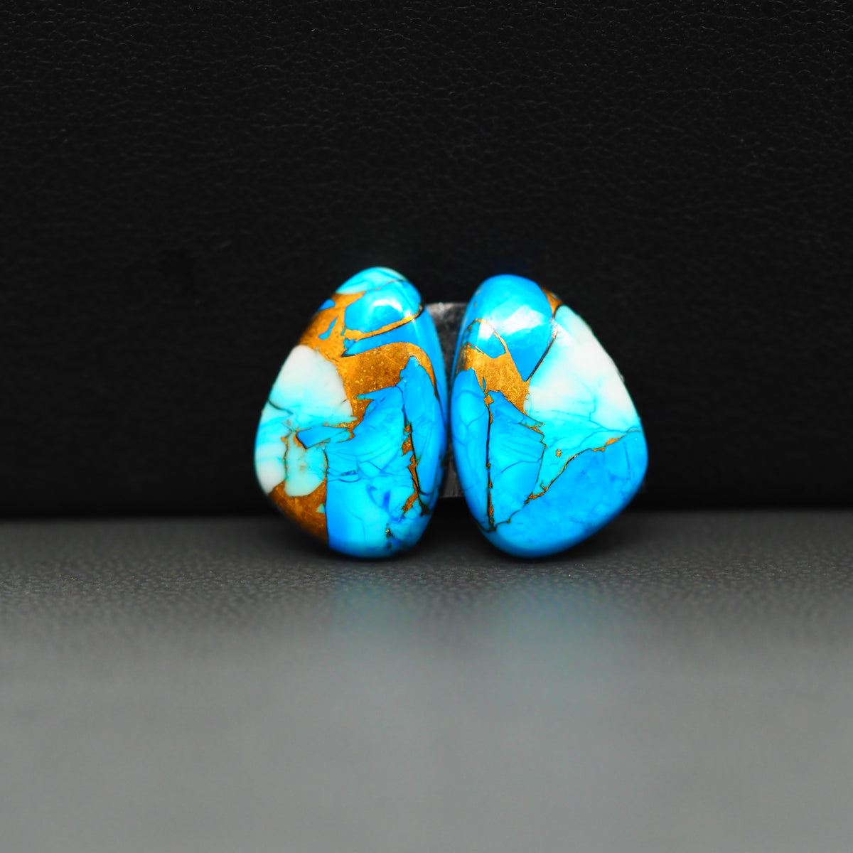 Kingman Ice Blue Dahlia Composite Freeform Cabochon Pair 17x11x3mm 11ct - icy blue and white stone with copper veining - Pedra Gems