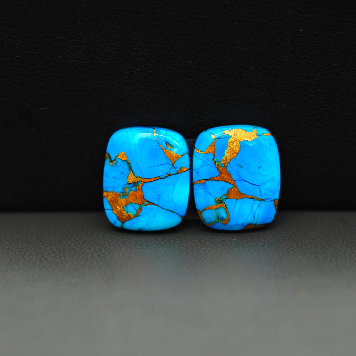 Kingman Ice Blue Dahlia Composite Cushion Cabochon Pair 15x13x3mm 14.5ct - icy blue and white stone with copper veining - Pedra Gems