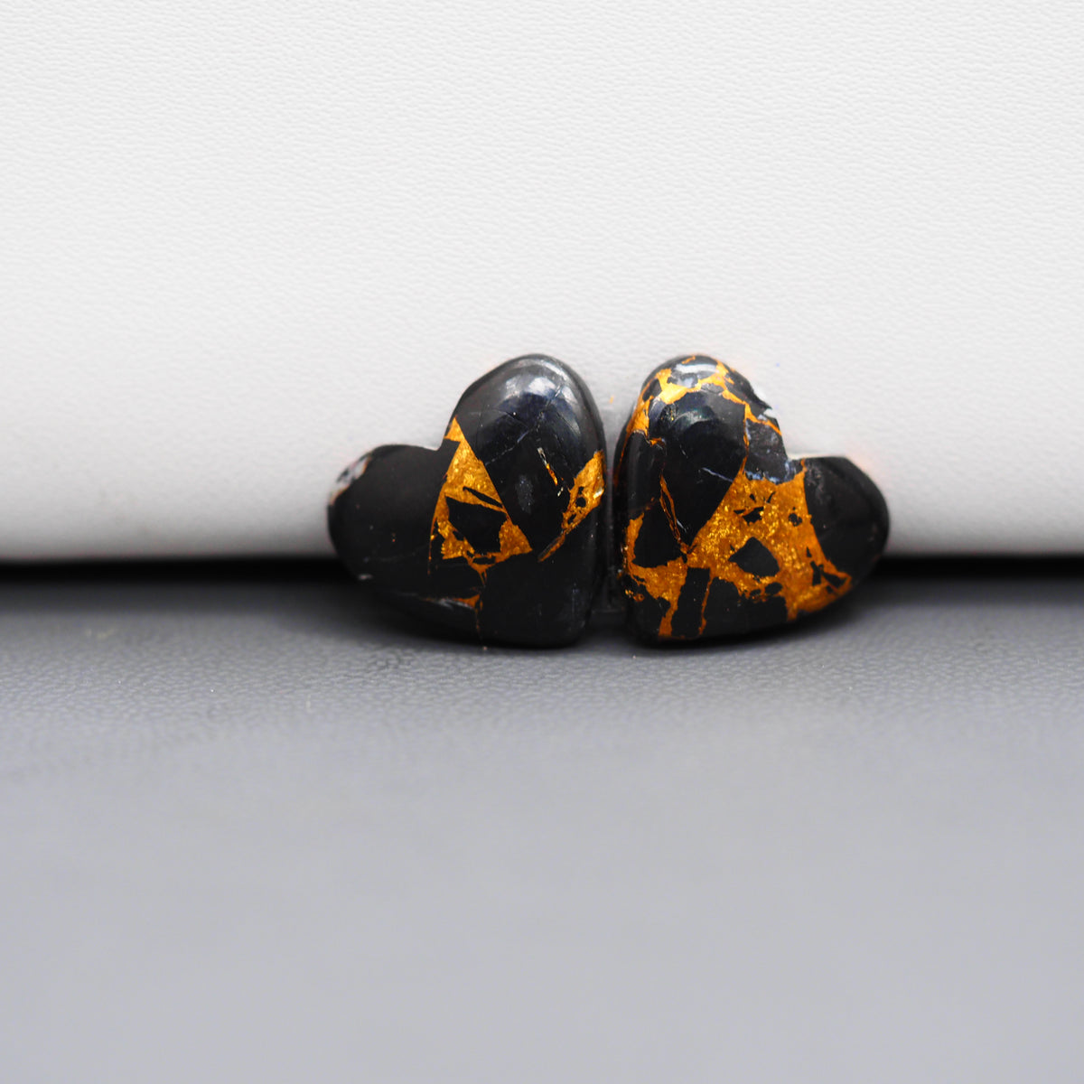 Kingman Black Buffalo Copper Composite Heart Cabochon Pair 15x15x3mm 11.5ct - black stone with bright copper veins - Pedra Gems