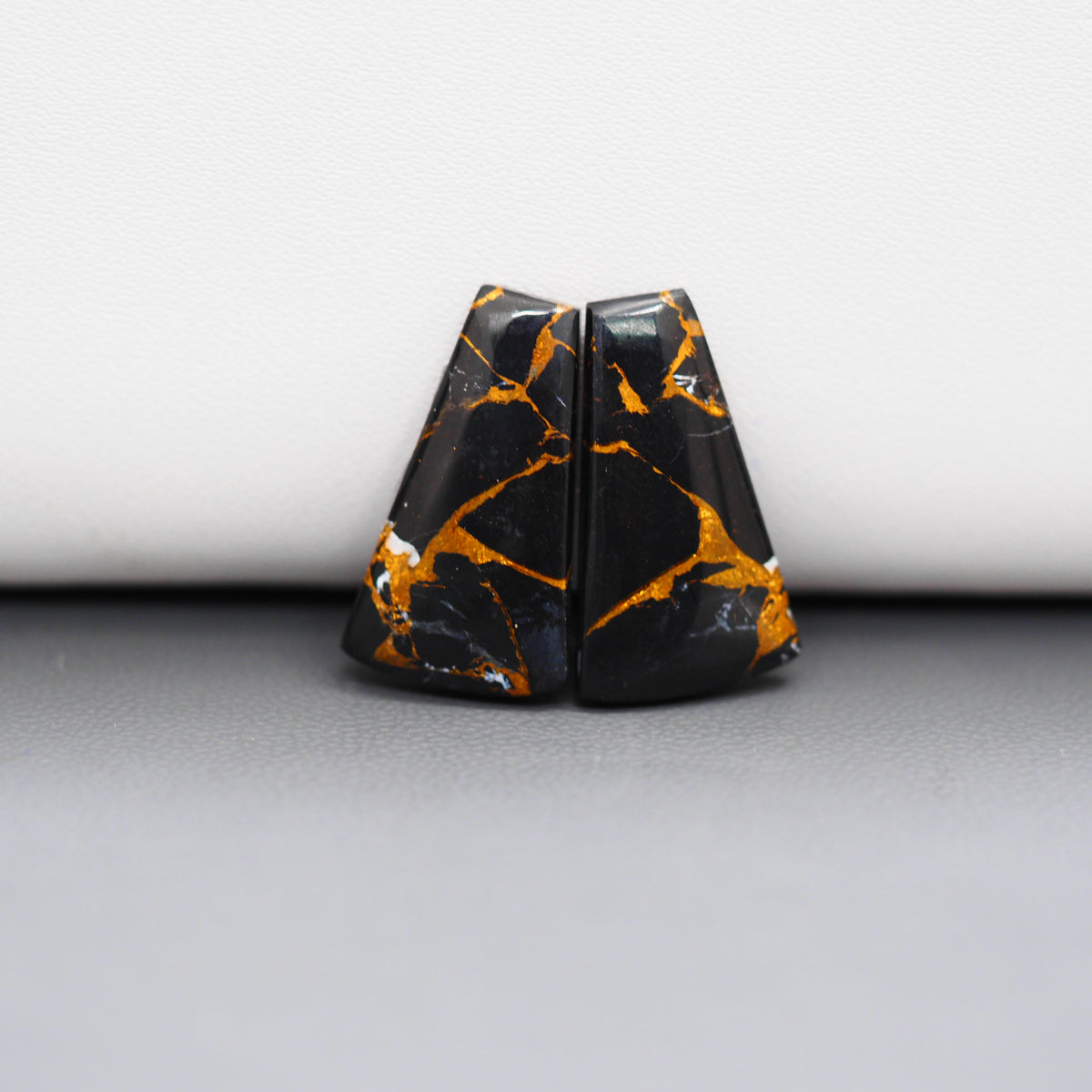 Kingman Black Buffalo Copper Composite Trapezoid Cabochon Pair 22x12x3mm 13.5ct - black stone with bright copper veins - Pedra Gems
