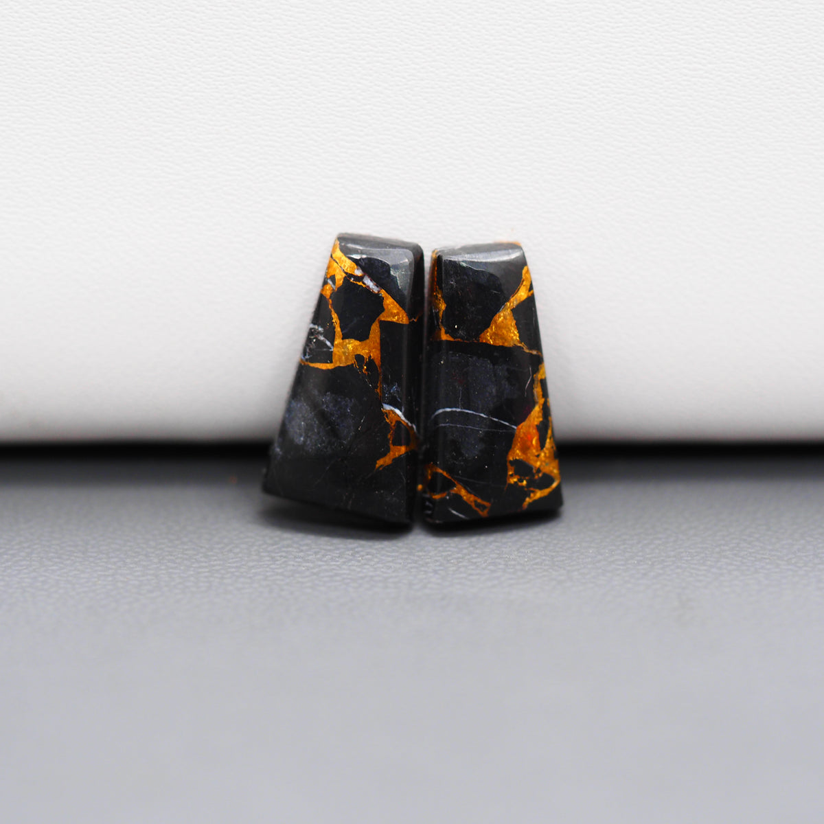 Kingman Black Buffalo Copper Composite Trapezoid Cabochon Pair 18x10x3mm 11.5ct - black stone with bright copper veins - Pedra Gems