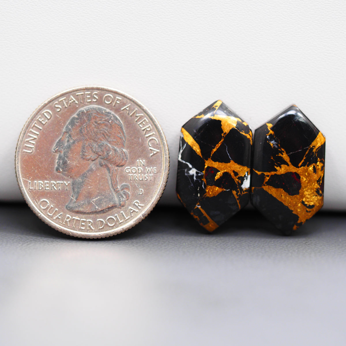 Kingman Black Buffalo Copper Composite Hexagon Cabochon Pair 20x11x3mm 15.5ct - black stone with bright copper veins - Pedra Gems