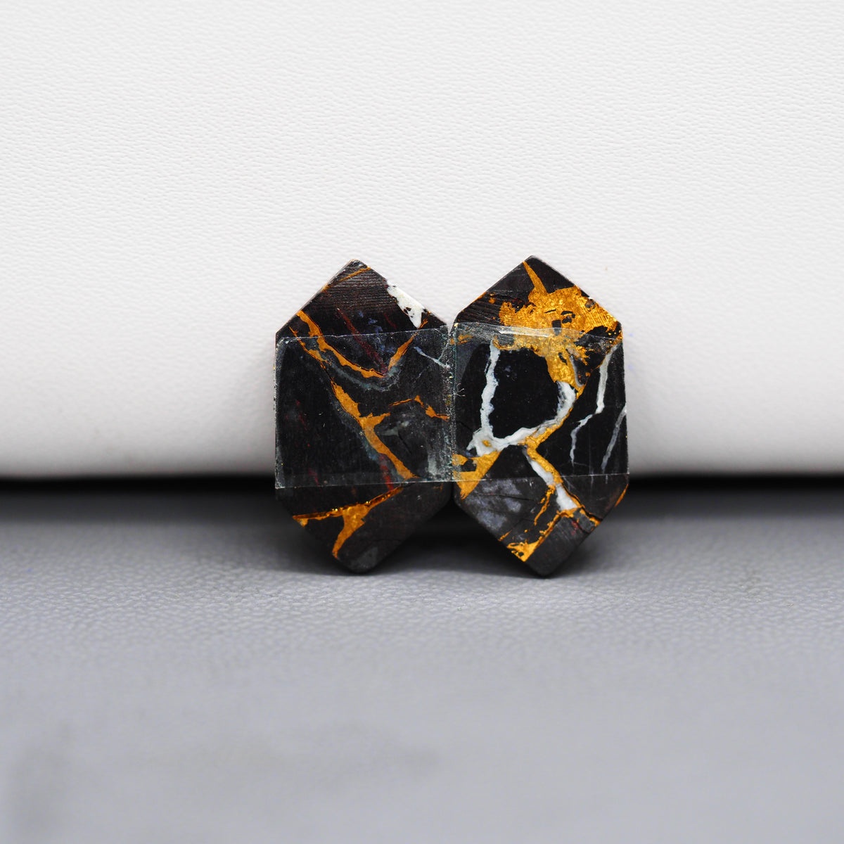 Kingman Black Buffalo Copper Composite Hexagon Cabochon Pair 20x11x3mm 15.5ct - black stone with bright copper veins - Pedra Gems