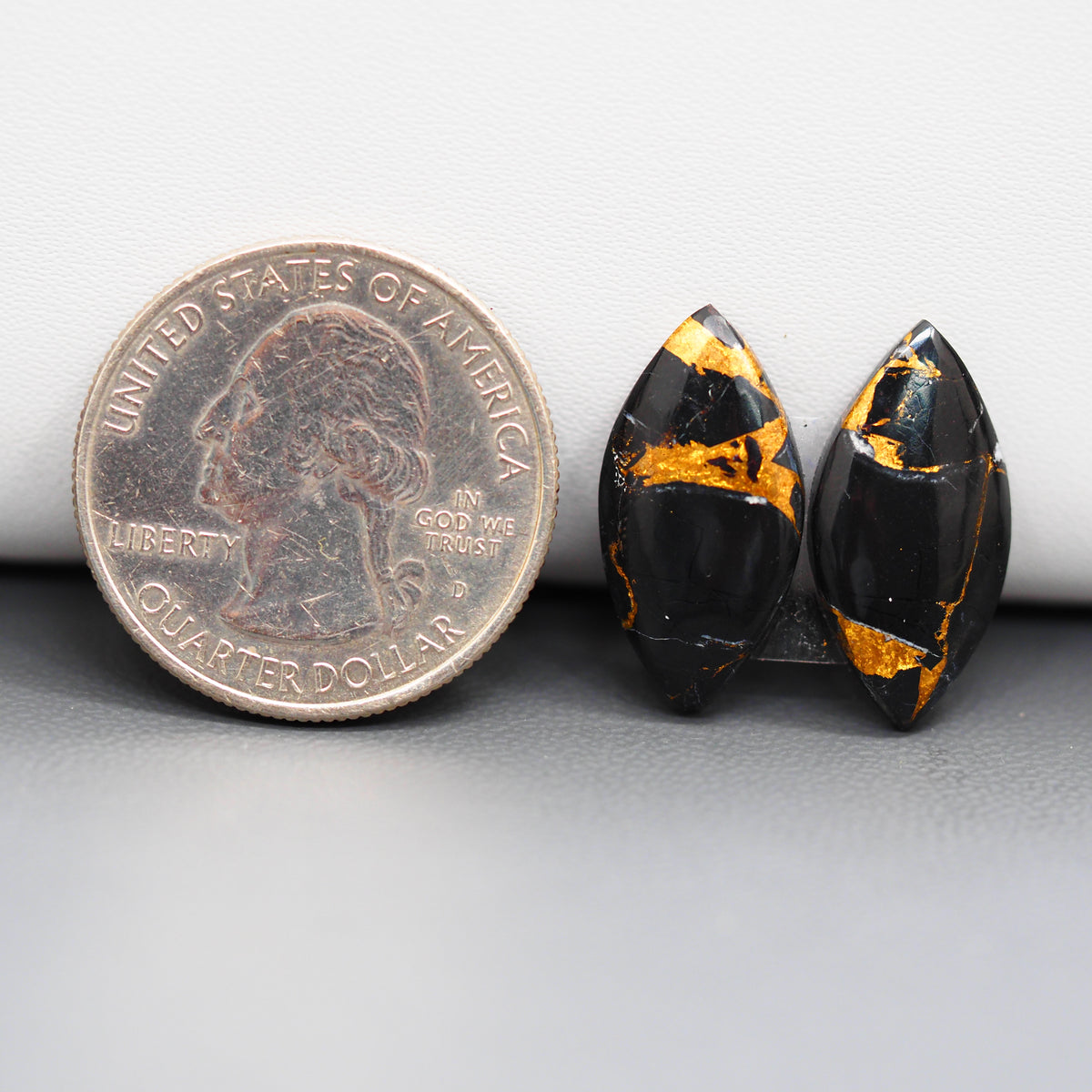Kingman Black Buffalo Copper Composite Marquise Cabochon Pair 20x10x3mm 11ct - black stone with bright copper veins - Pedra Gems