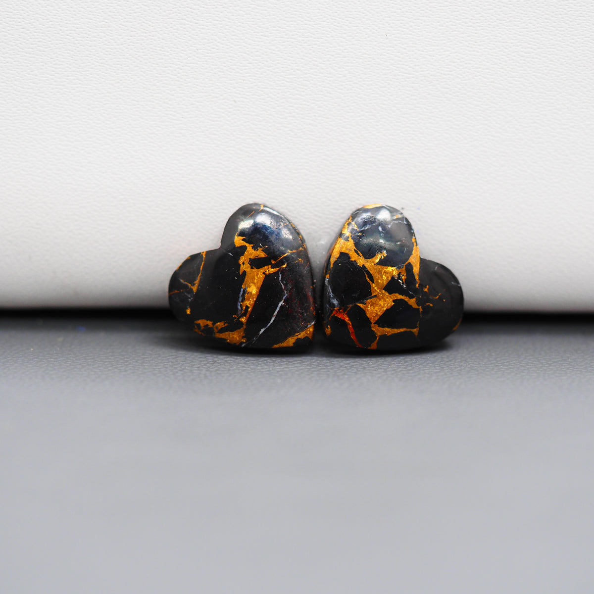 Kingman Black Buffalo Copper Composite Heart Cabochon Pair 14x14x4mm 12.5ct - black stone with bright copper veins - Pedra Gems