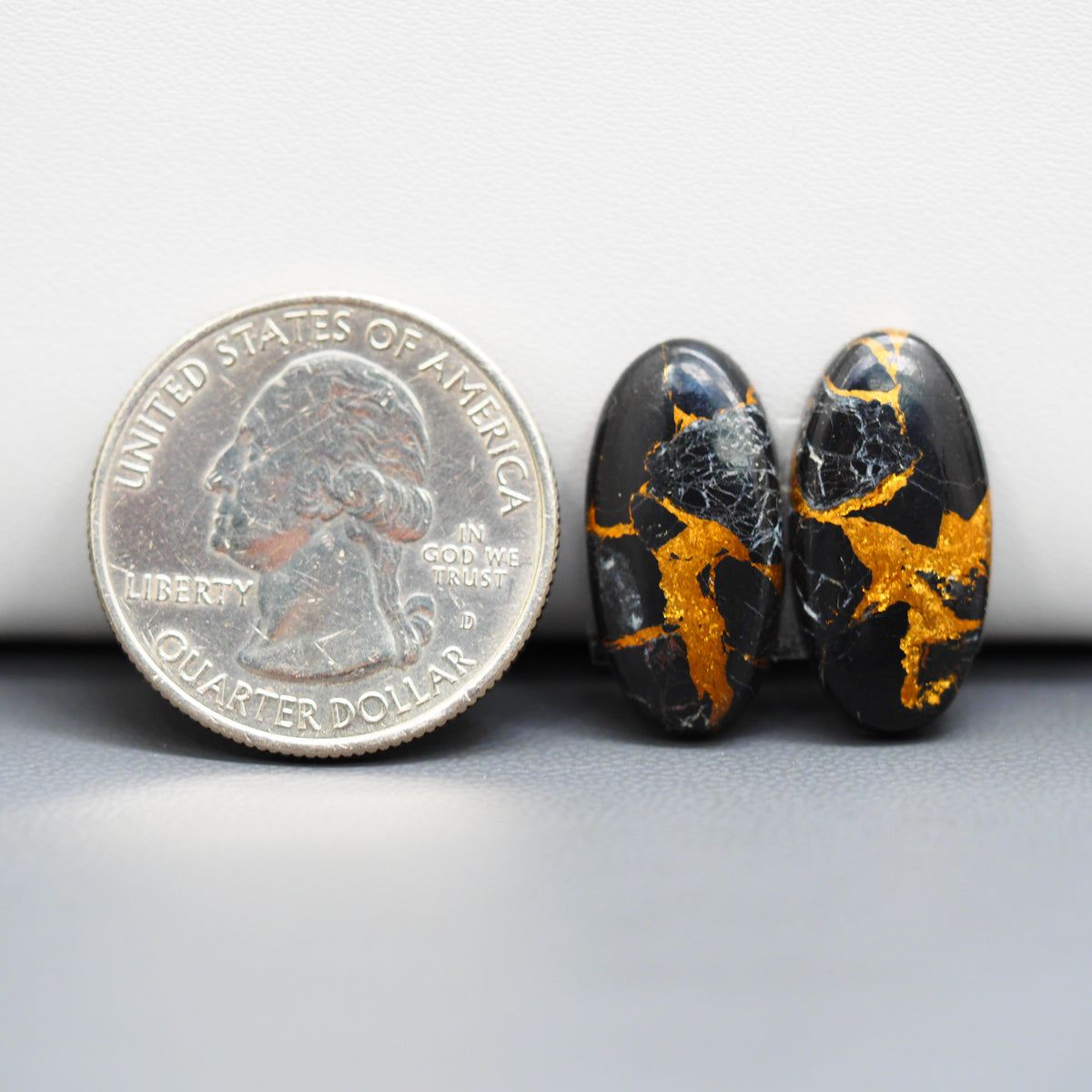 Kingman Black Buffalo Copper Composite Oval Cabochon Pair 20x10x3mm 14ct - black stone with bright copper veins - Pedra Gems