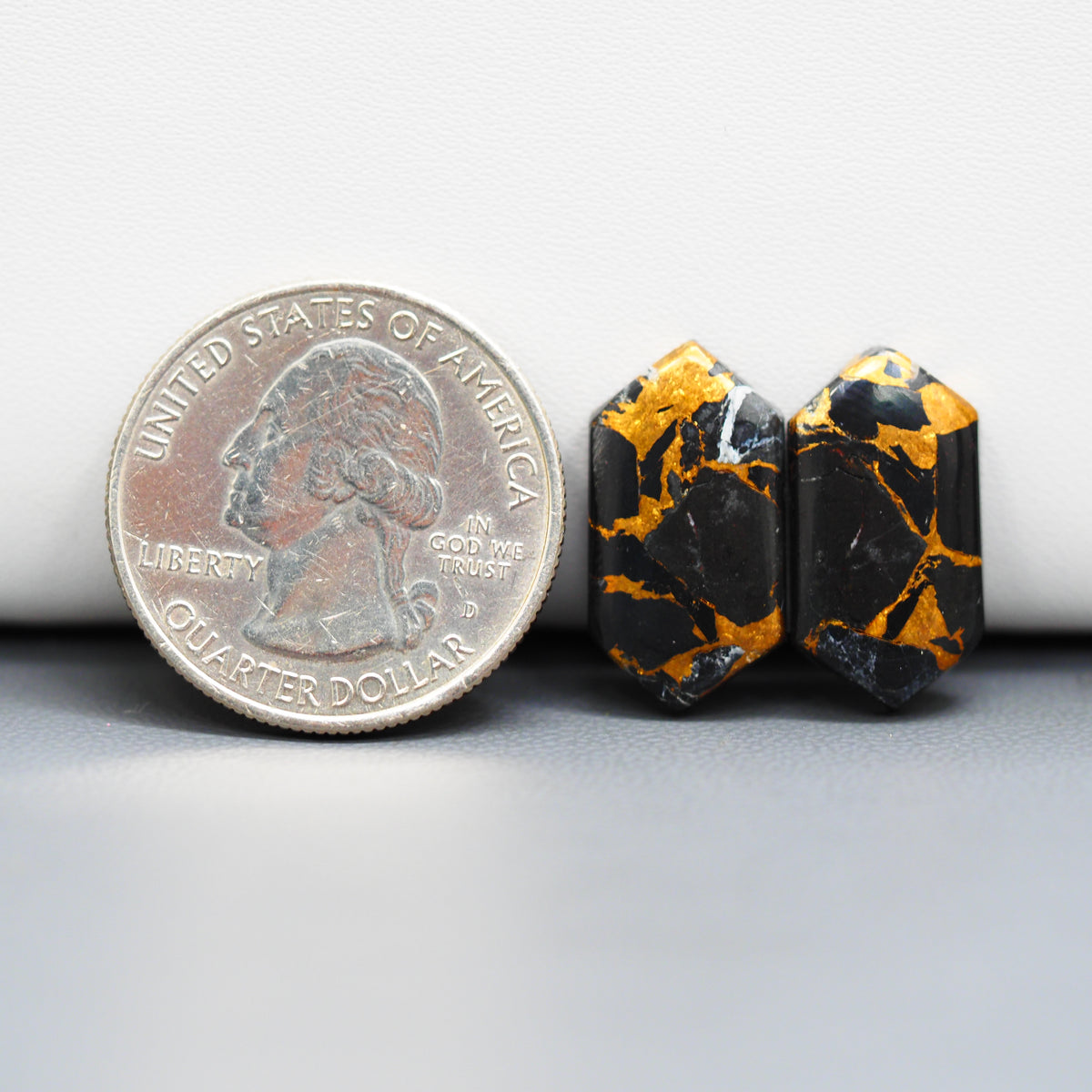 Kingman Black Buffalo Copper Composite Hexagon Cabochon Pair 19x10x3mm 12.5ct - black stone with bright copper veins - Pedra Gems