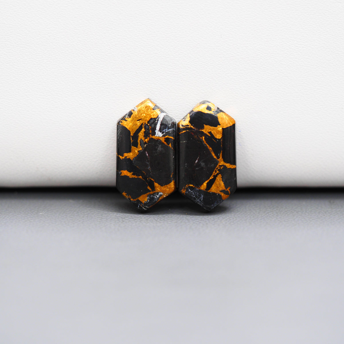 Kingman Black Buffalo Copper Composite Hexagon Cabochon Pair 19x10x3mm 12.5ct - black stone with bright copper veins - Pedra Gems
