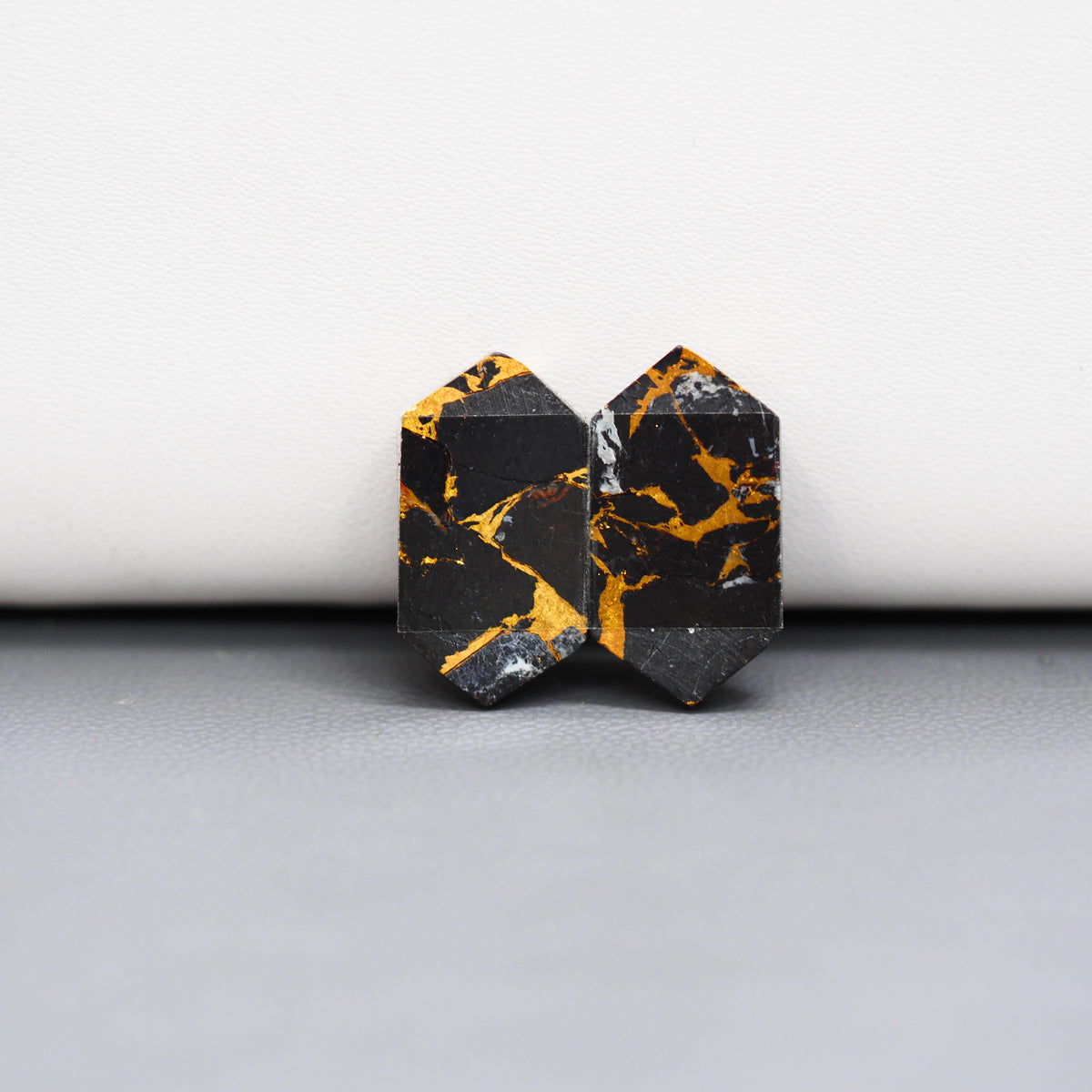 Kingman Black Buffalo Copper Composite Hexagon Cabochon Pair 19x10x3mm 12.5ct - black stone with bright copper veins - Pedra Gems