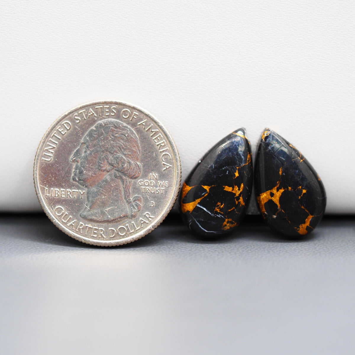 Kingman Black Buffalo Copper Composite Pear Cabochon Pair 19x11x3mm 13ct - black stone with bright copper veins - Pedra Gems