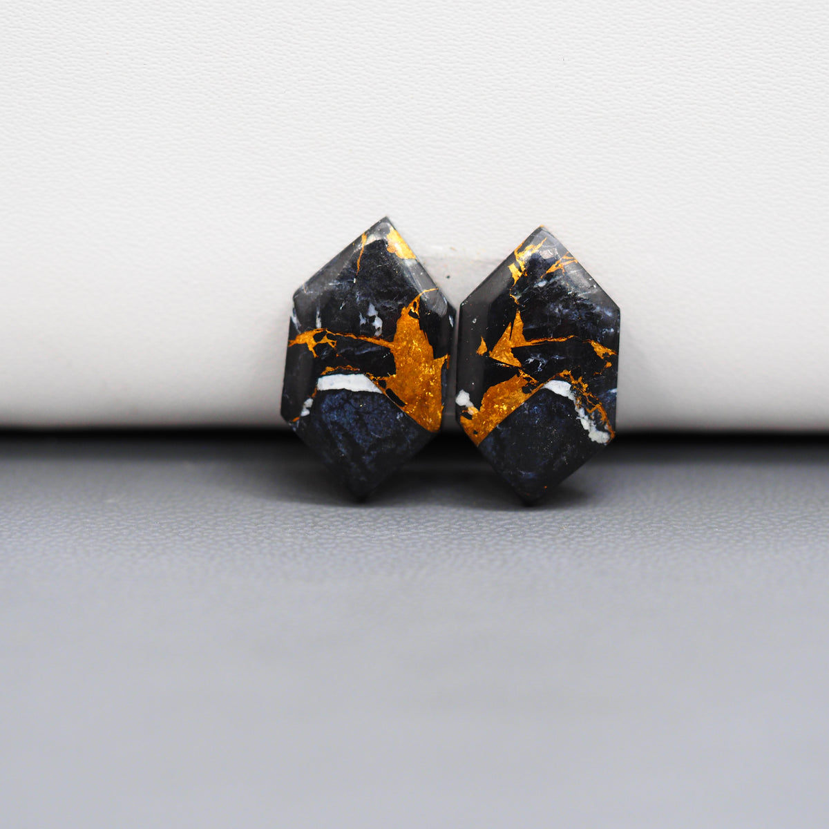 Kingman Black Buffalo Copper Composite Hexagon Cabochon Pair 19x11x3mm 11.5ct - black stone with bright copper veins - Pedra Gems