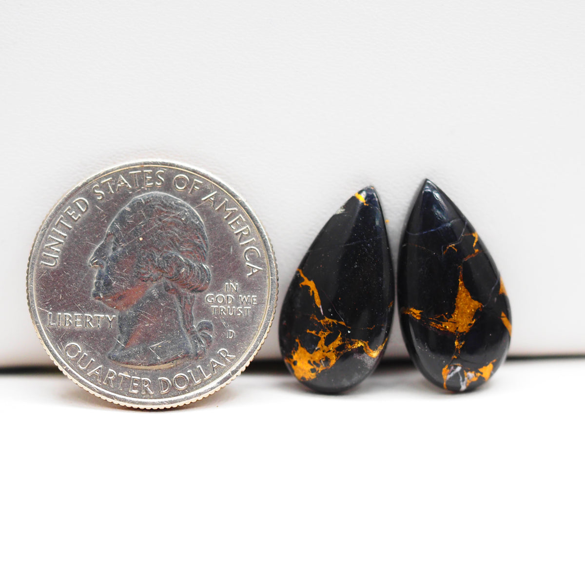 Kingman Black Buffalo Copper Composite Pear Cabochon Pair 20x11x6mm 13ct - black stone with bright copper veins - Pedra Gems