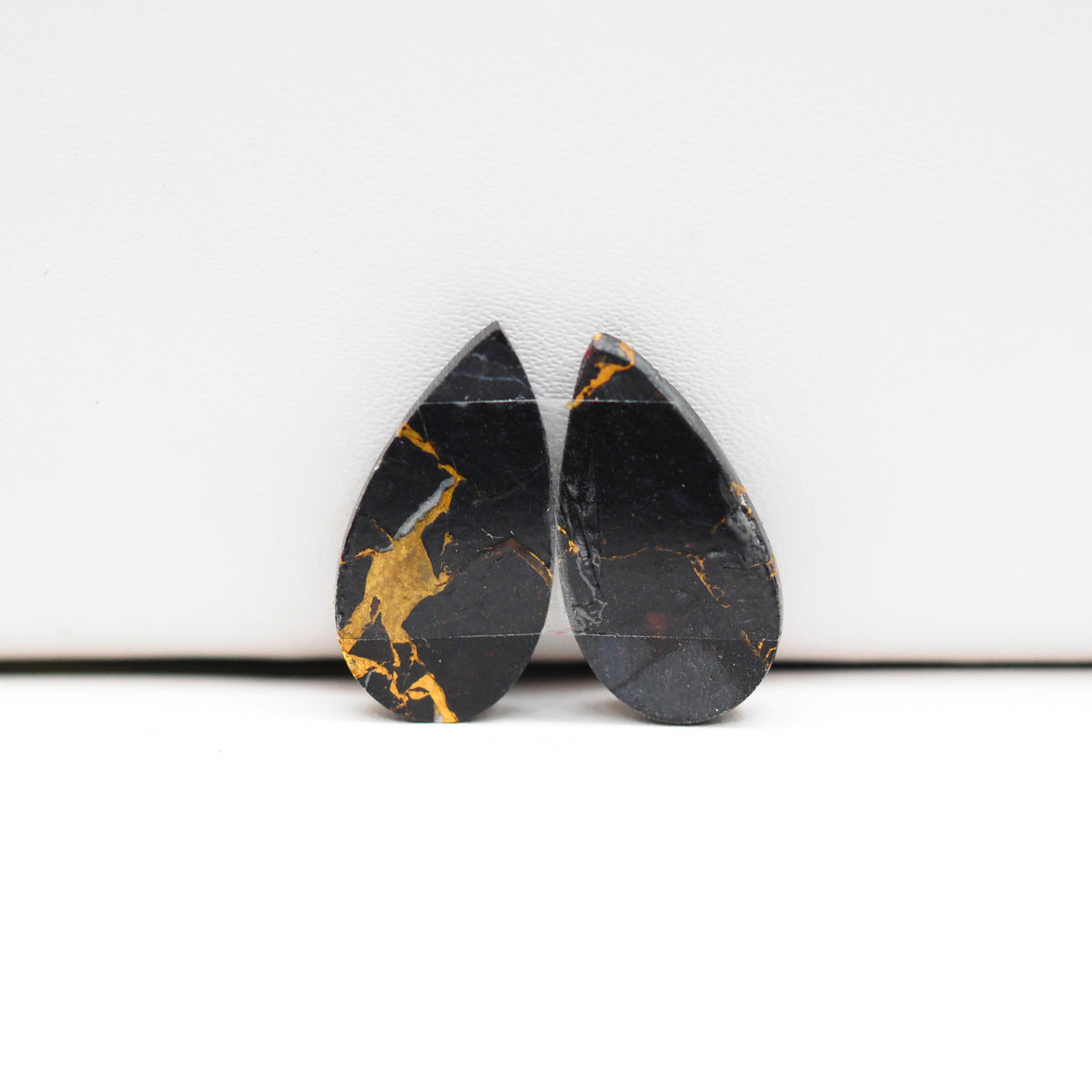 Kingman Black Buffalo Copper Composite Pear Cabochon Pair 20x11x6mm 13ct - black stone with bright copper veins - Pedra Gems