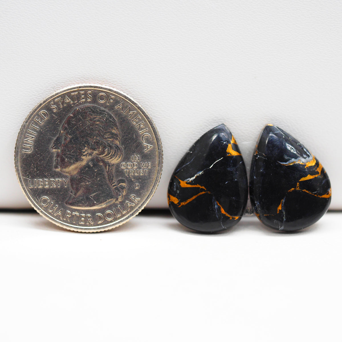 Kingman Black Buffalo Copper Composite Pear Cabochon Pair 18x11x3mm 12.5ct - black stone with bright copper veins - Pedra Gems