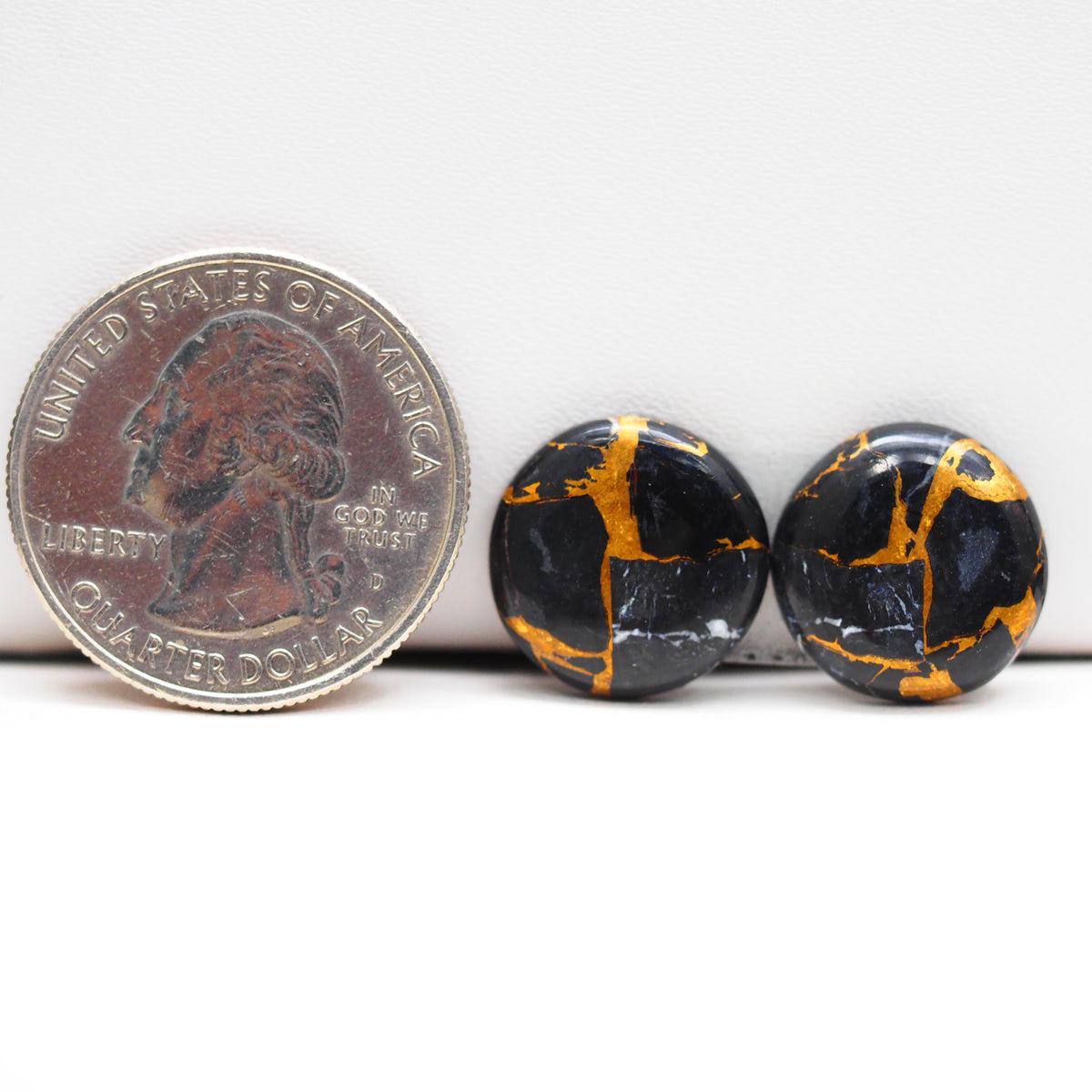 Kingman Black Buffalo Copper Composite Round Cabochon Pair 14x14x4mm 14.5ct - black stone with bright copper veins - Pedra Gems