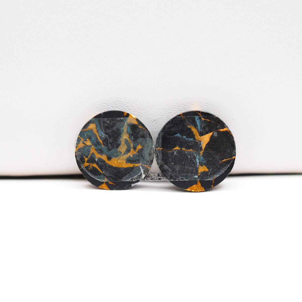 Kingman Black Buffalo Copper Composite Round Cabochon Pair 14x14x4mm 14.5ct - black stone with bright copper veins - Pedra Gems