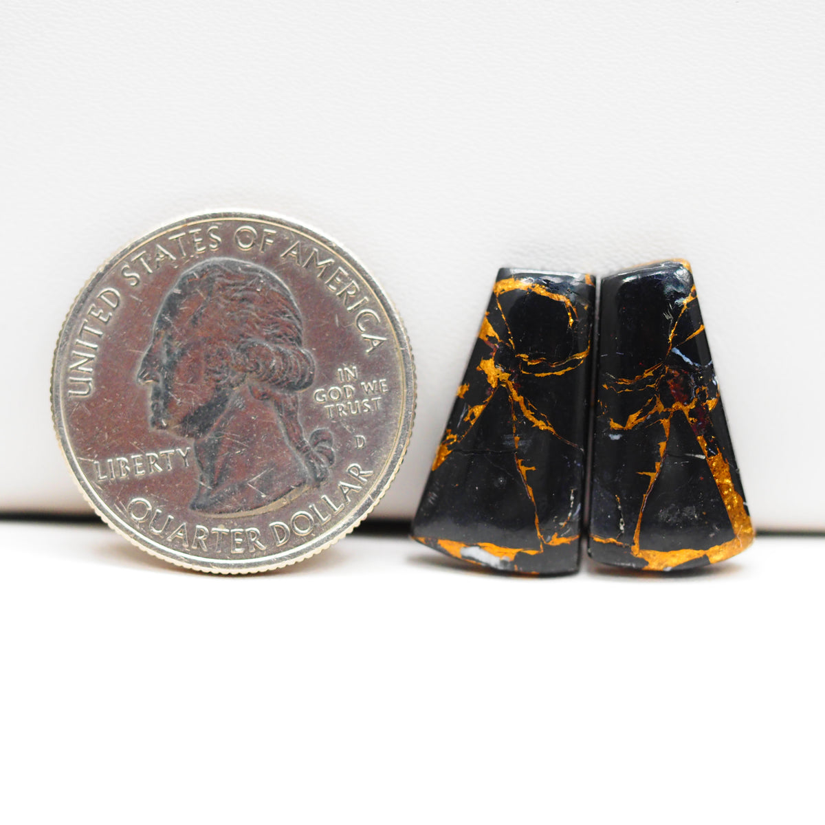 Kingman Black Buffalo Copper Composite Trapezoid Cabochon Pair 21x11x4mm 15.5ct - black stone with bright copper veins - Pedra Gems