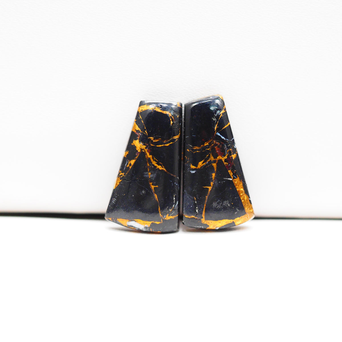 Kingman Black Buffalo Copper Composite Trapezoid Cabochon Pair 21x11x4mm 15.5ct - black stone with bright copper veins - Pedra Gems