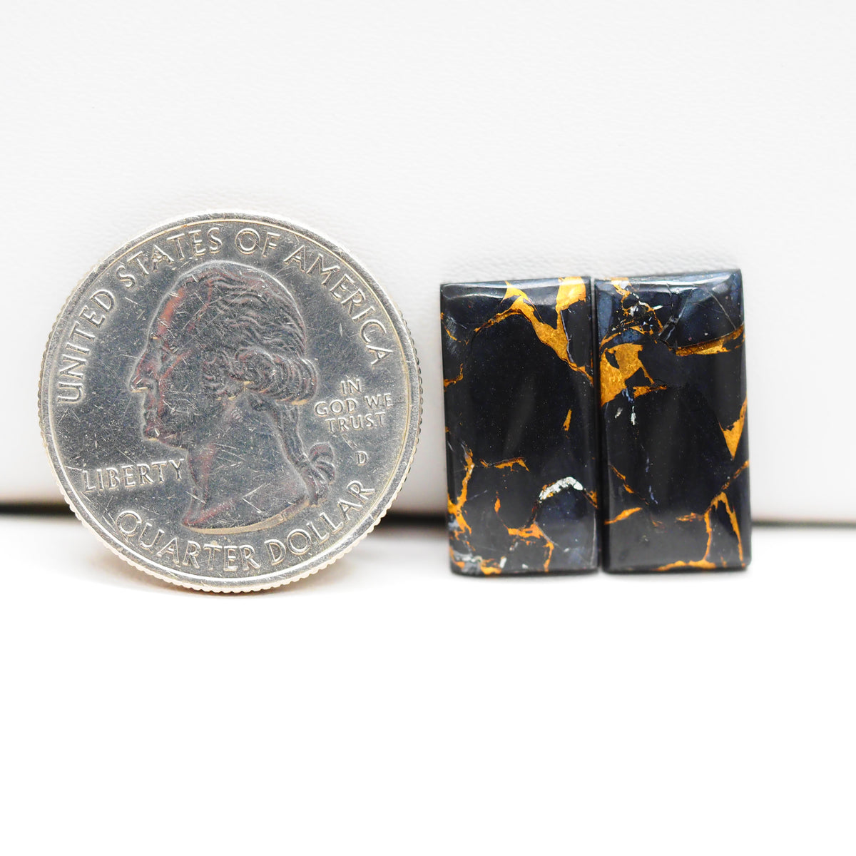 Kingman Black Buffalo Copper Composite Rectangle Cabochon Pair 19x10x3mm 13.5ct - black stone with bright copper veins - Pedra Gems