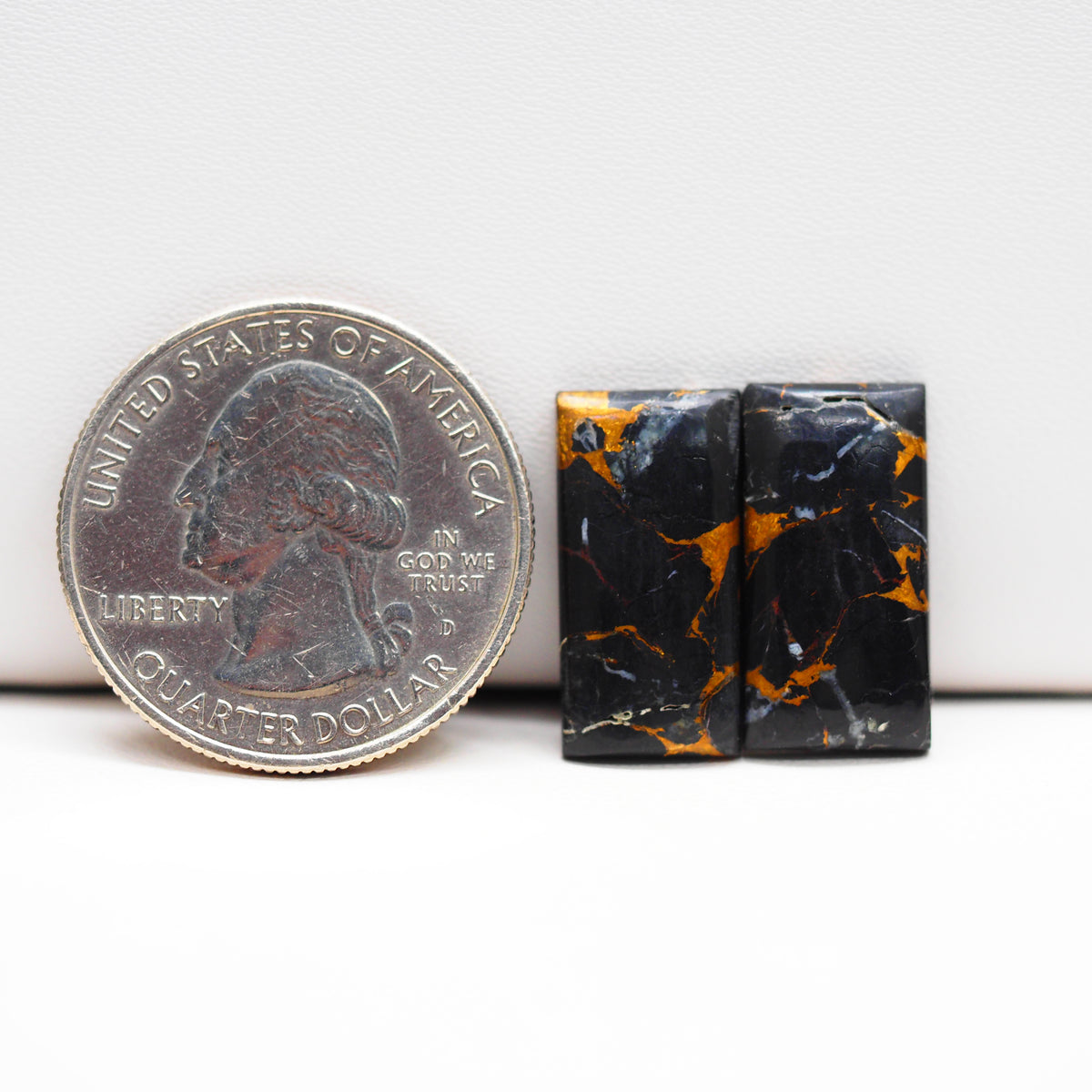 Kingman Black Buffalo Copper Composite Baguette Cabochon Pair 19x9x3mm 13.5ct - black stone with bright copper veins - Pedra Gems