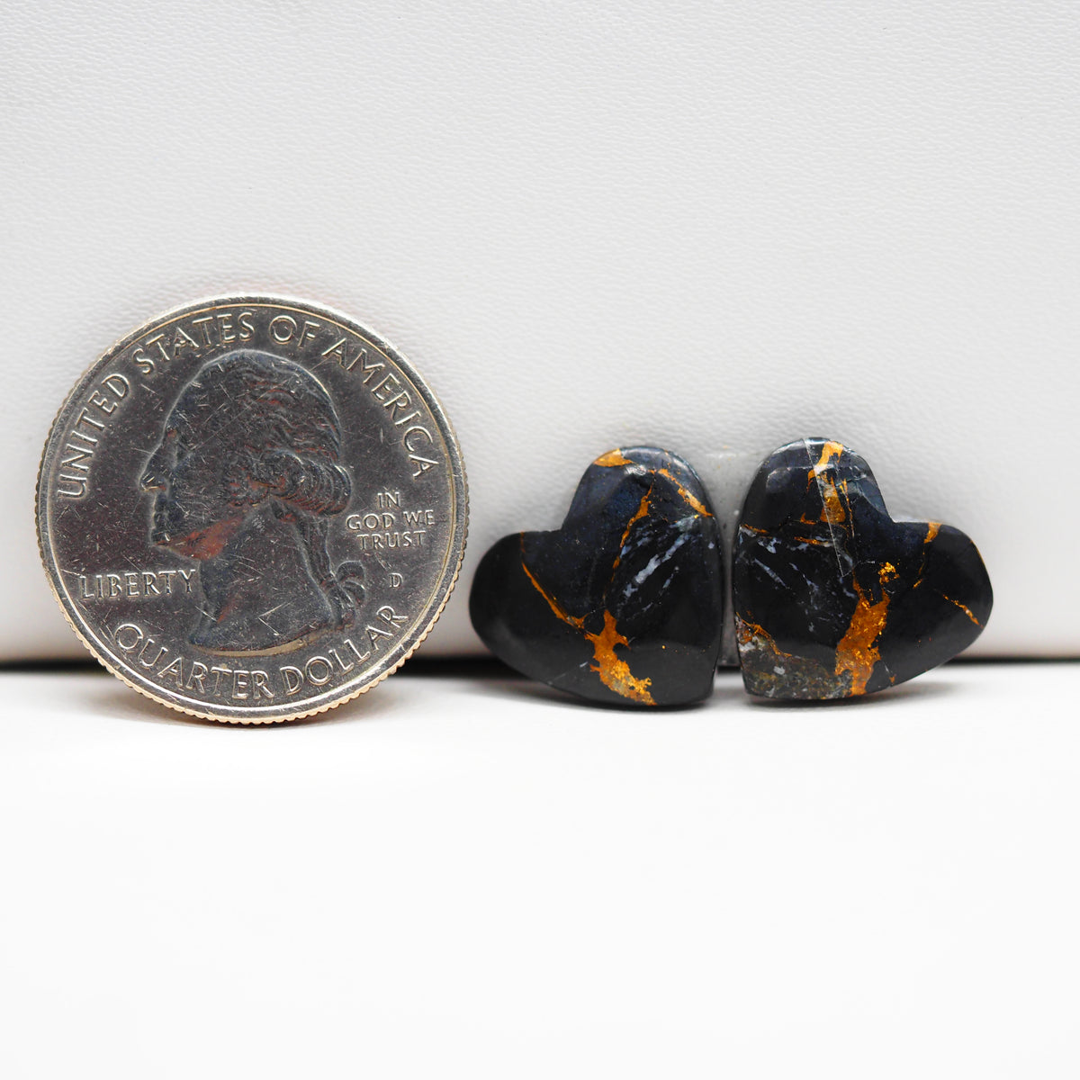 Kingman Black Buffalo Copper Composite Heart Cabochon Pair 15x15x3mm 12ct - black stone with bright copper veins - Pedra Gems