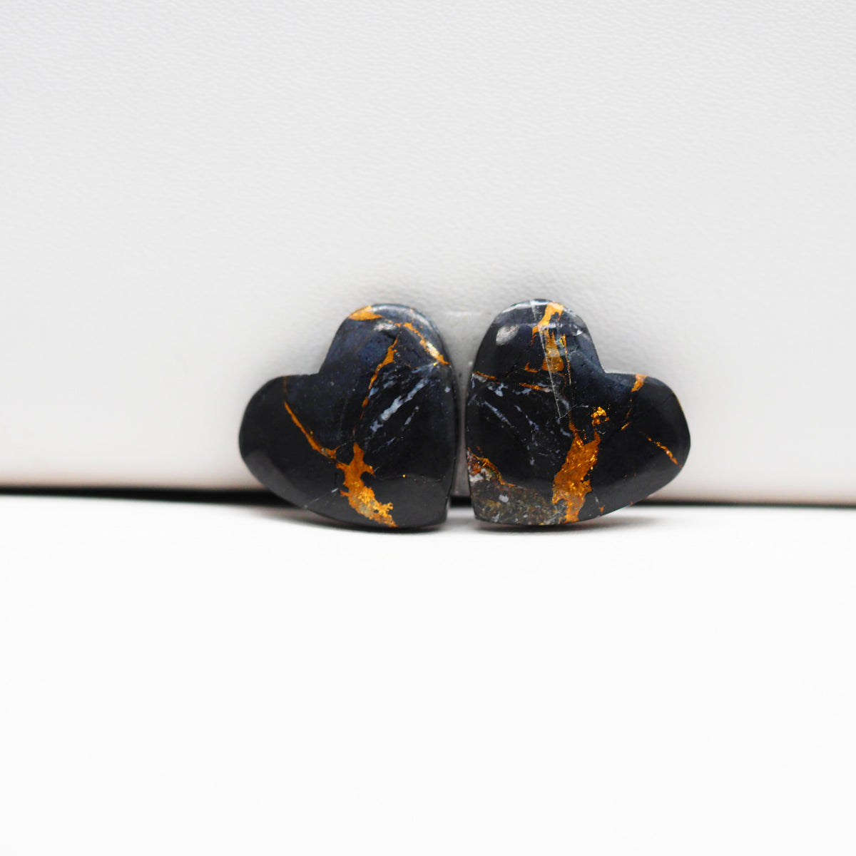 Kingman Black Buffalo Copper Composite Heart Cabochon Pair 15x15x3mm 12ct - black stone with bright copper veins - Pedra Gems