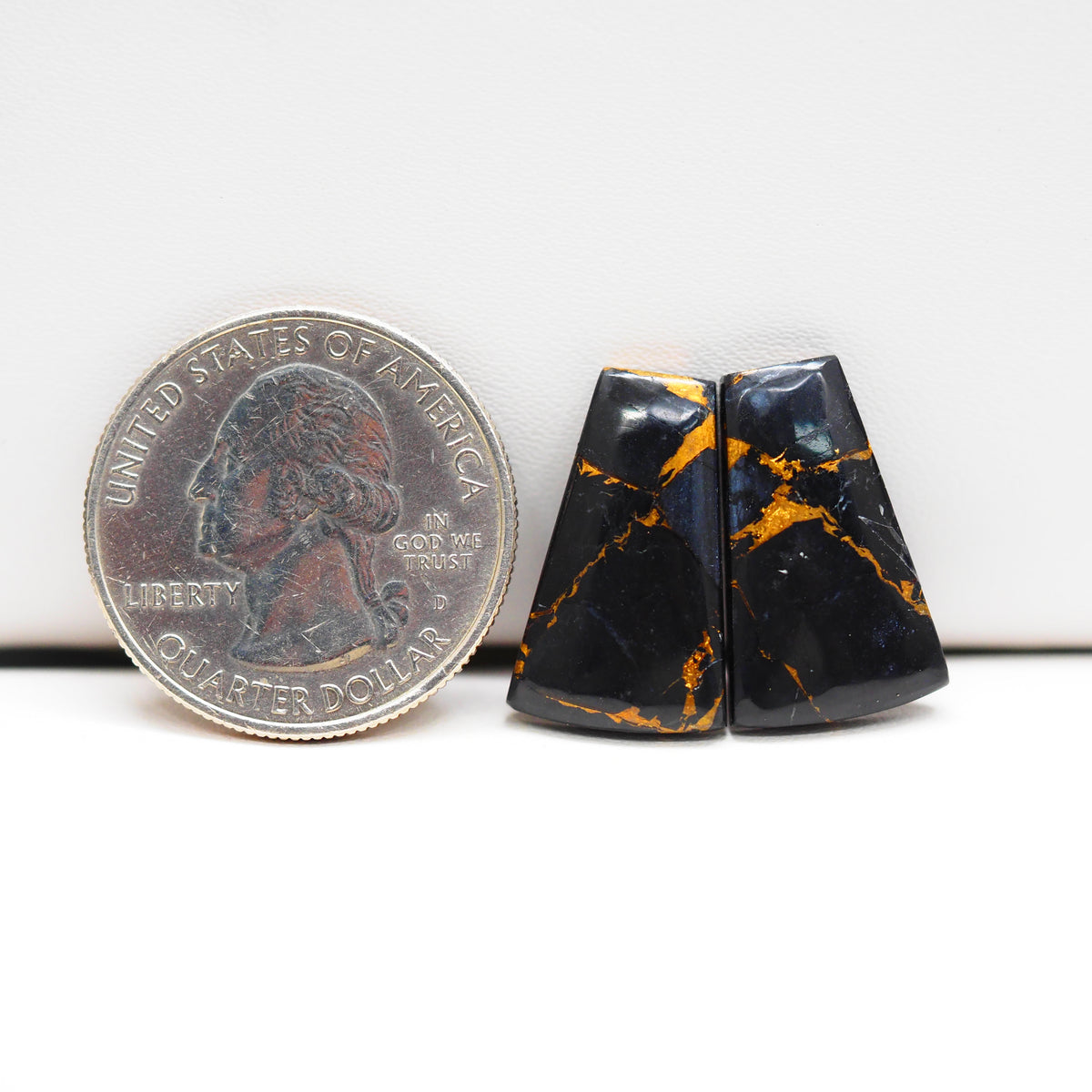 Kingman Black Buffalo Copper Composite Trapezoid Cabochon Pair 20x11x3mm 15.5ct - black stone with bright copper veins - Pedra Gems