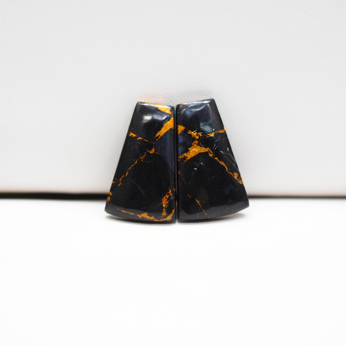Kingman Black Buffalo Copper Composite Trapezoid Cabochon Pair 20x11x3mm 15.5ct - black stone with bright copper veins - Pedra Gems