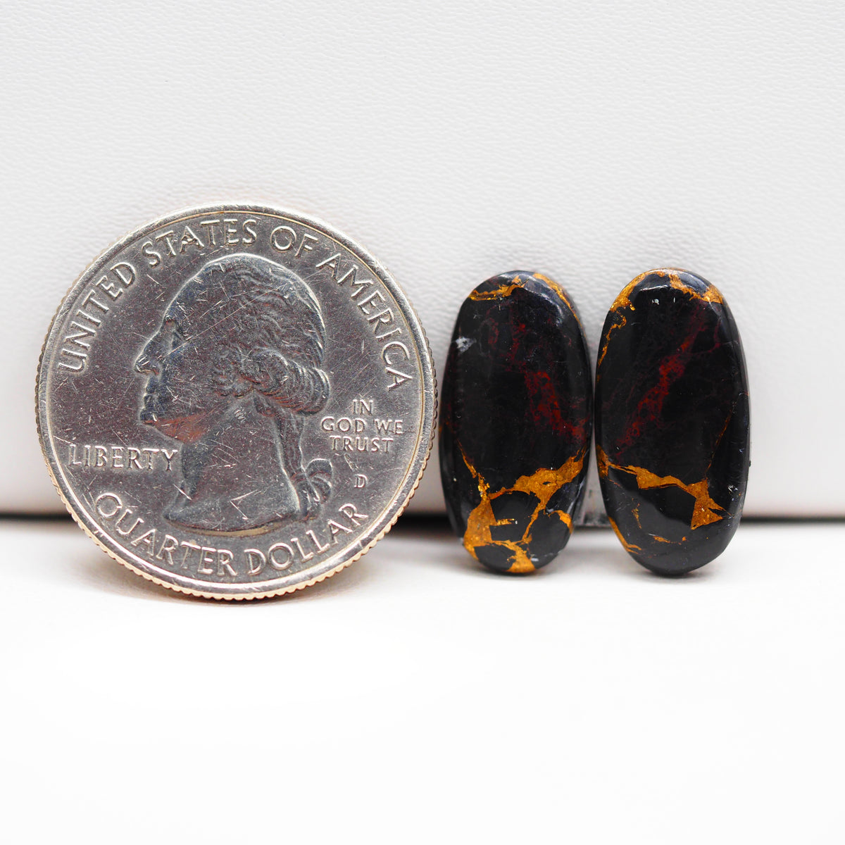 Kingman Black Buffalo Copper Composite Oval Cabochon Pair 18x9x3mm 10.5ct - black stone with bright copper veins - Pedra Gems