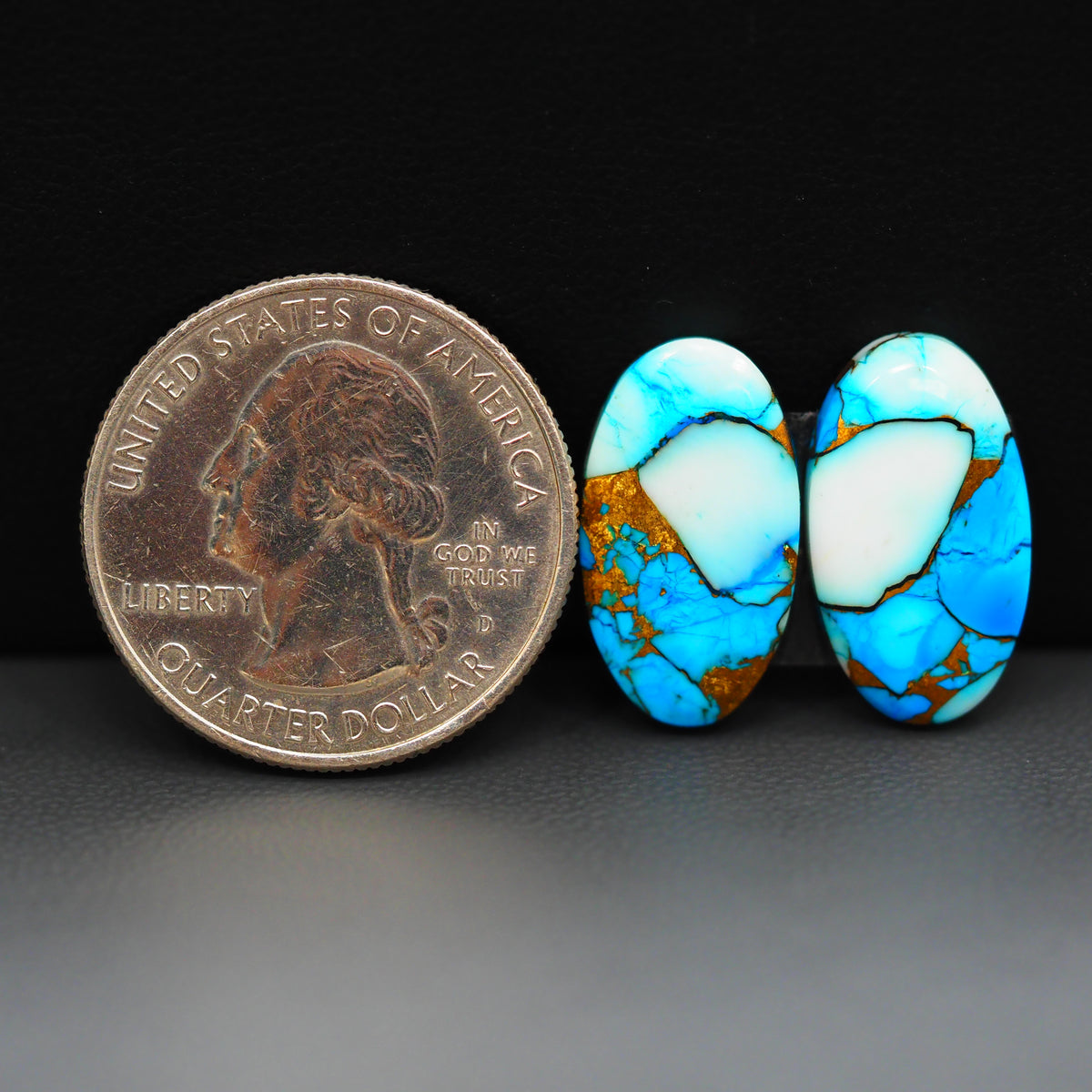 Kingman Ice Blue Dahlia Composite Oval Cabochon Pair 19x11x3mm 13.5ct - icy blue and white stone with copper veining - Pedra Gems