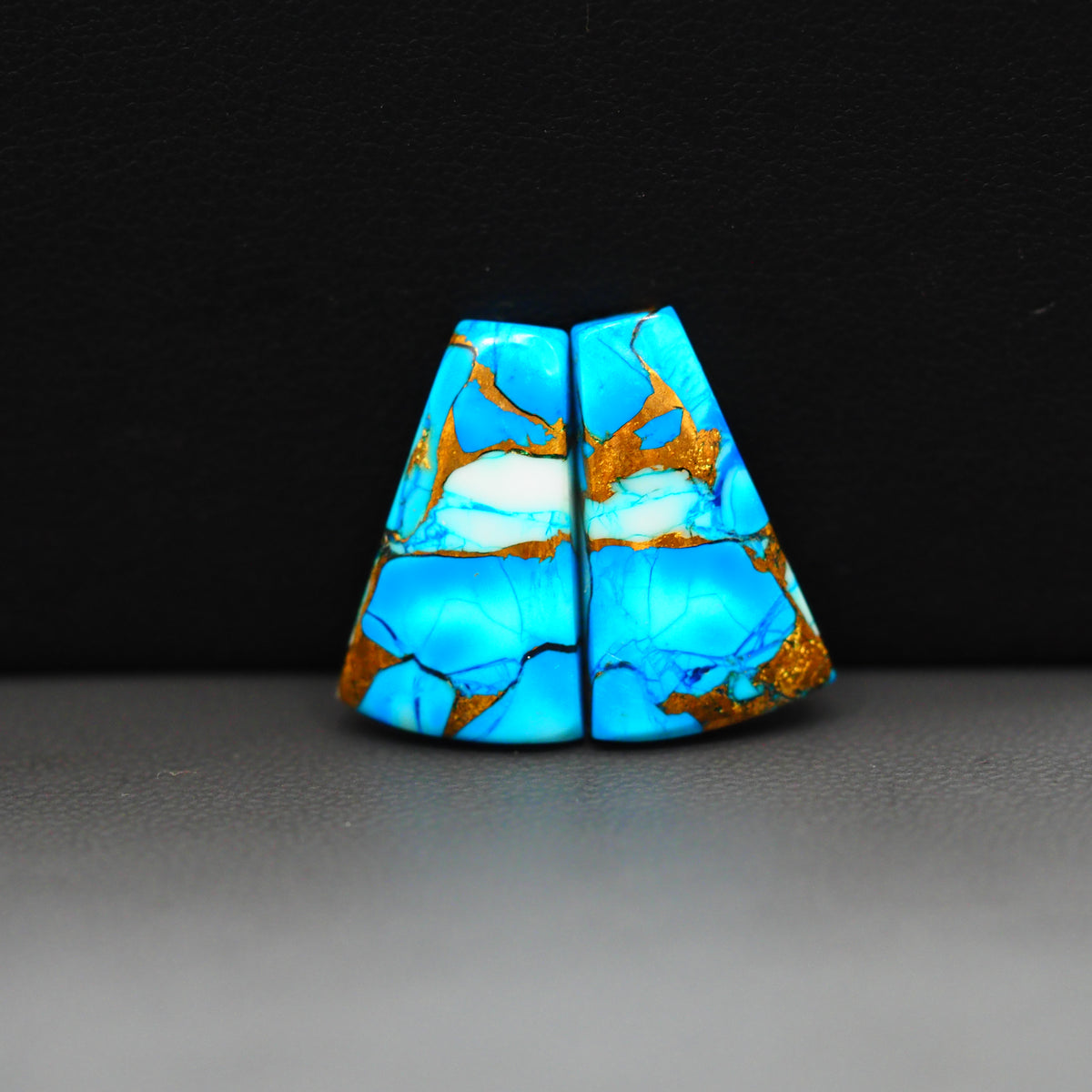 Kingman Ice Blue Dahlia Composite Trapezoid Cabochon Pair 21x12x3mm 14.5ct - icy blue and white stone with copper veining - Pedra Gems