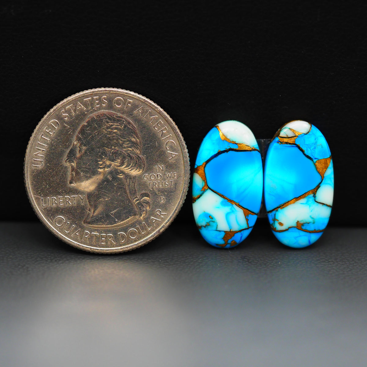 Kingman Ice Blue Dahlia Composite Oval Cabochon Pair 17x10x3mm 12.5ct - icy blue and white stone with copper veining - Pedra Gems