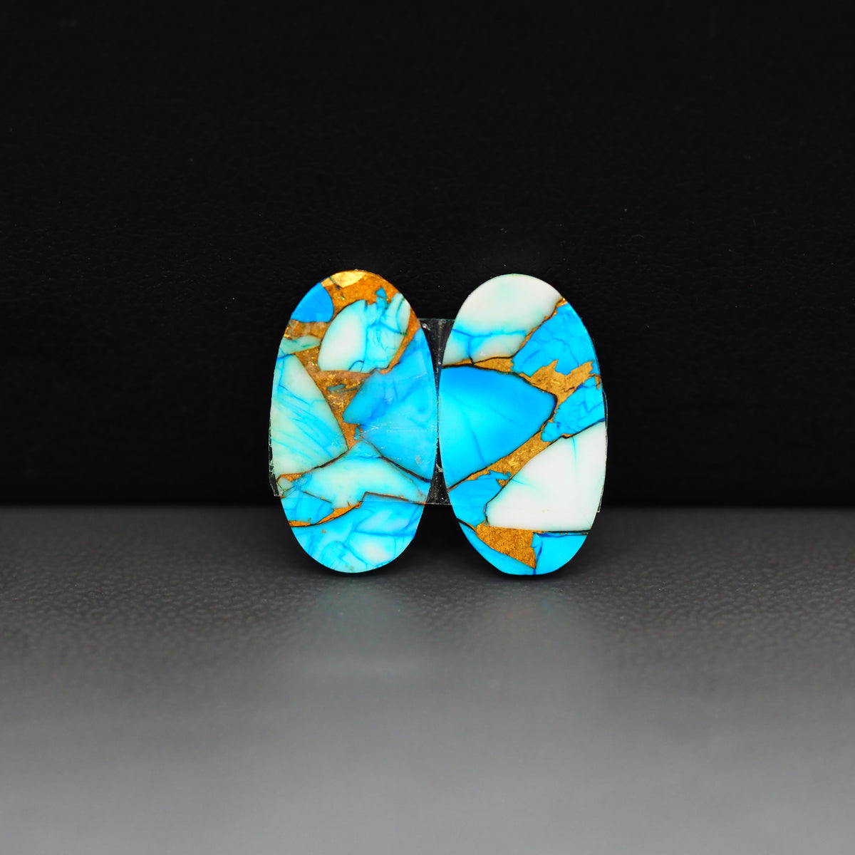 Kingman Ice Blue Dahlia Composite Oval Cabochon Pair 17x10x3mm 12.5ct - icy blue and white stone with copper veining - Pedra Gems